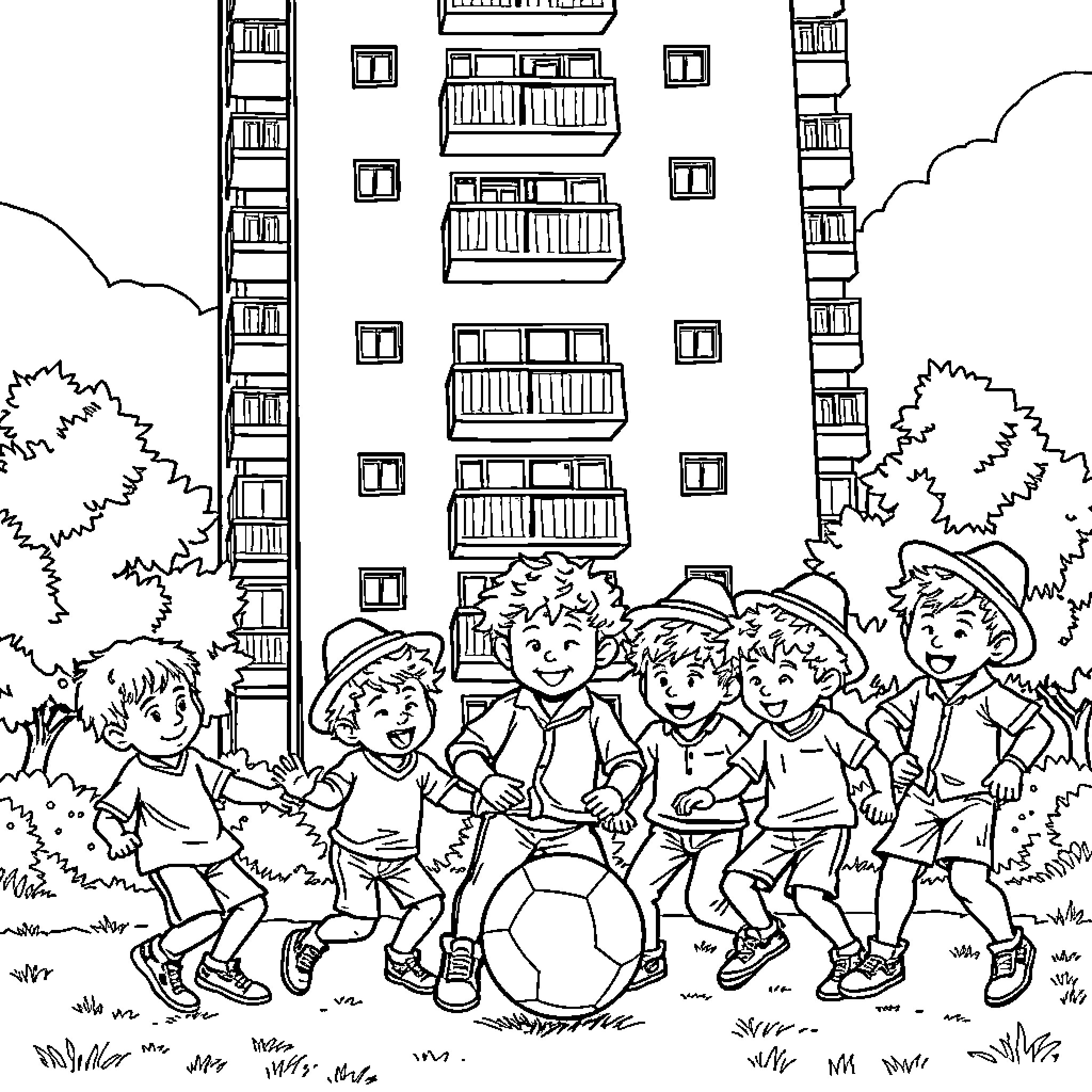 Boy playing soccer with friends in the park Coloring Page (free black-and-white line drawing printable PDF for all, from beginners to advanced learners, including children, teens, adults, and seniors)