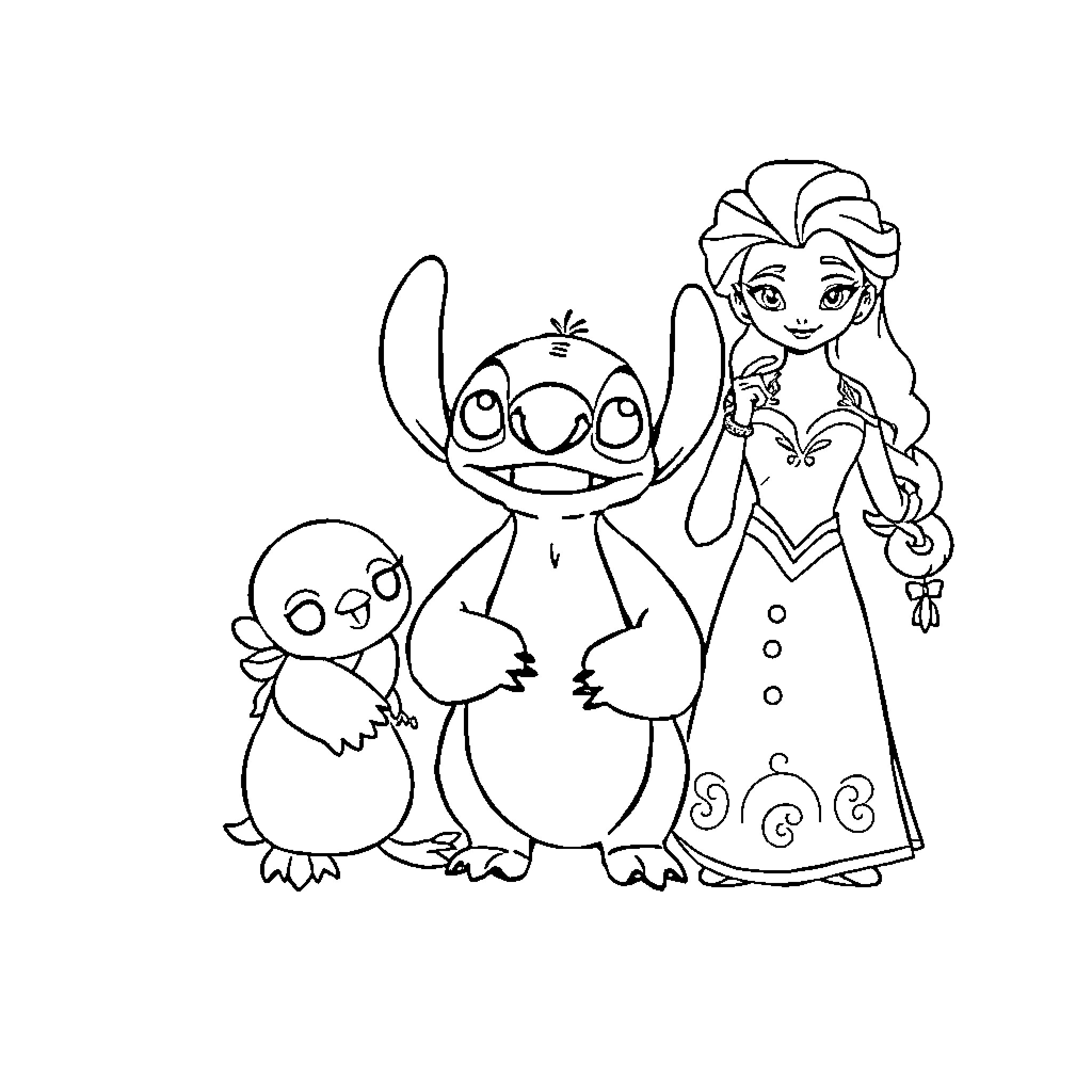 Penguin and a Princess in an Animated Scene Coloring Page (free black-and-white line drawing printable PDF for all, from beginners to advanced learners, including children, teens, adults, and seniors)
