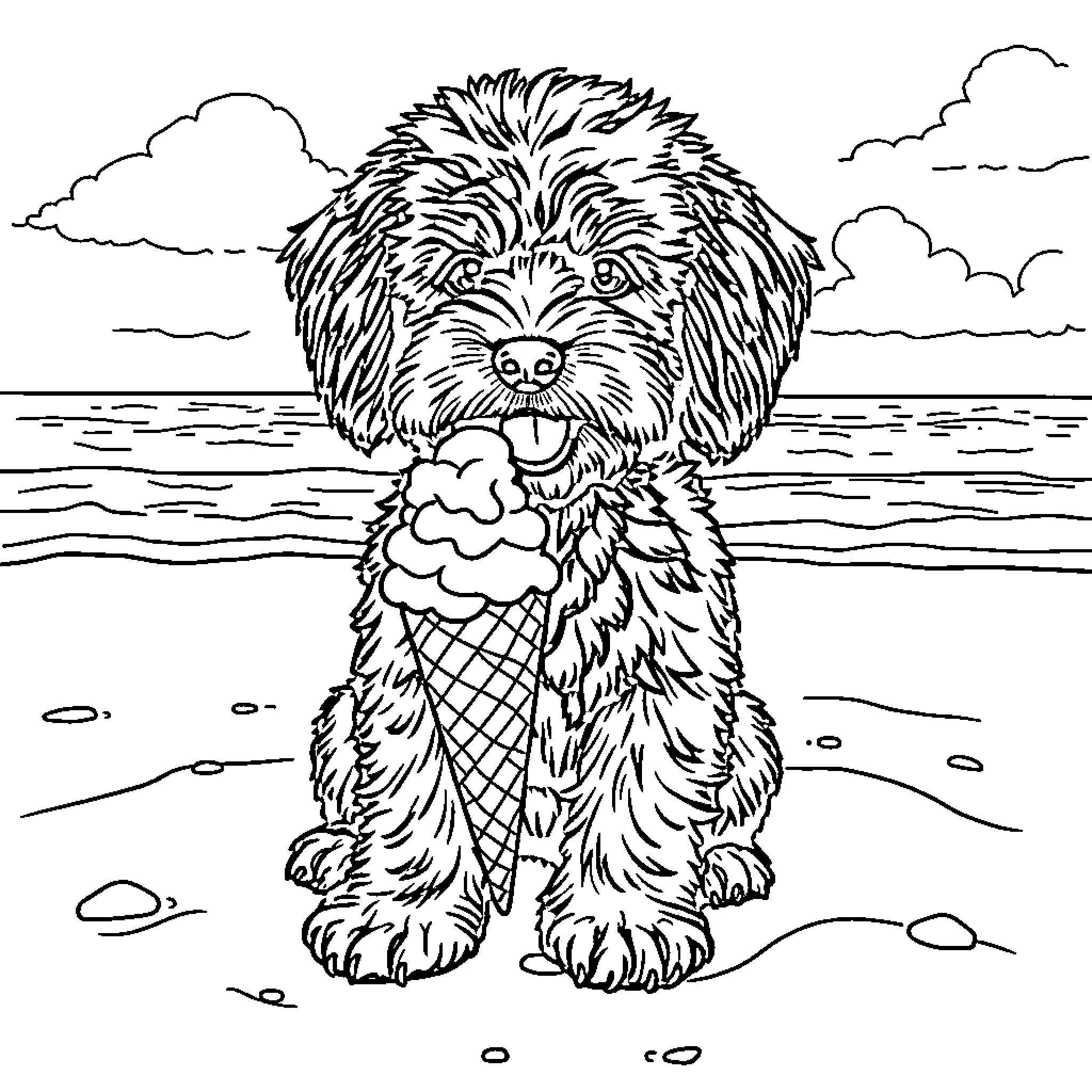 Cockapoo enjoying an ice cream on the beach Coloring Page (free black-and-white line drawing printable PDF for all, from beginners to advanced learners, including children, teens, adults, and seniors)