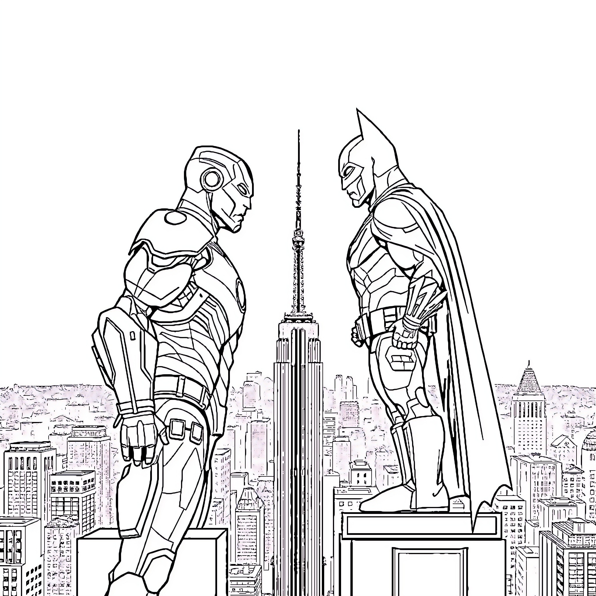 Ironman and Batman overlooking the city skyline Coloring Page (free black-and-white line drawing printable PDF for all, from beginners to advanced learners, including children, teens, adults, and seniors)