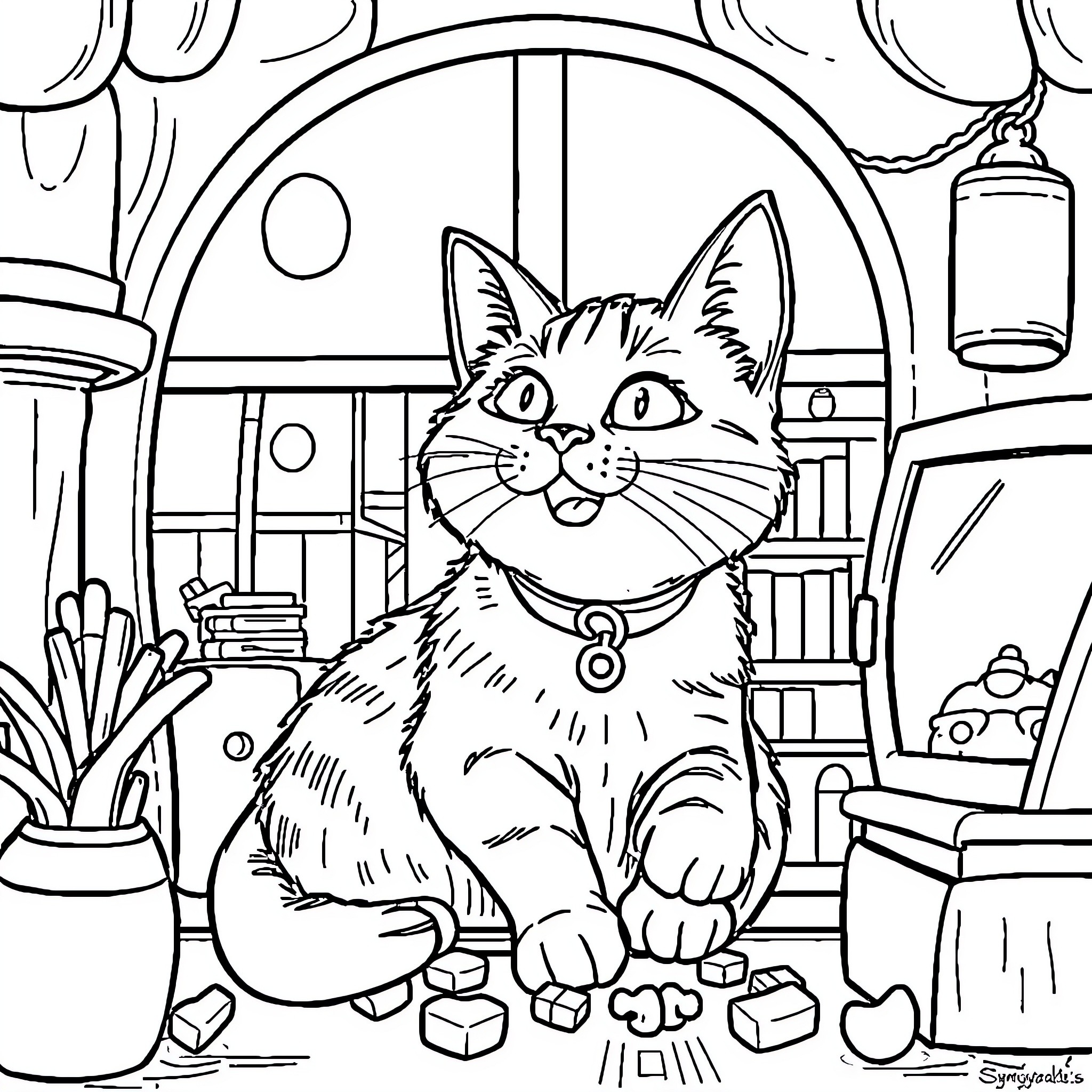 Cat enjoying cozy home environment Coloring Page (free black-and-white line drawing printable PDF for all, from beginners to advanced learners, including children, teens, adults, and seniors)