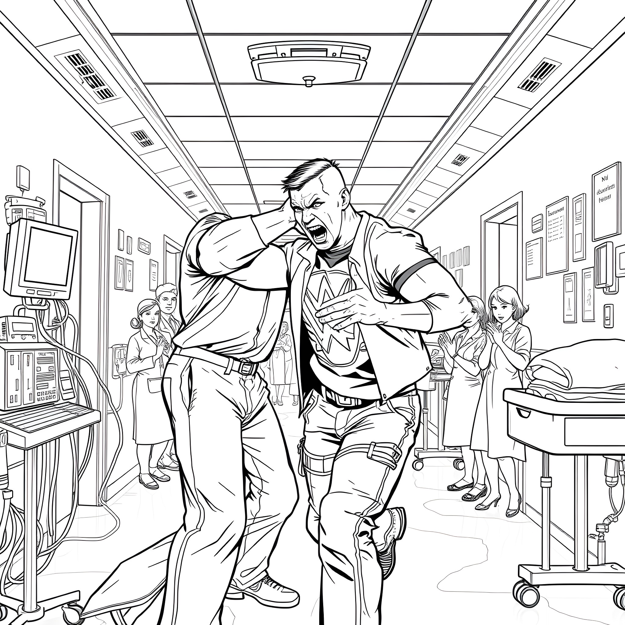 John Cena Fights Intruder in Hospital Coloring Page (free black-and-white line drawing printable PDF for all, from beginners to advanced learners, including children, teens, adults, and seniors)