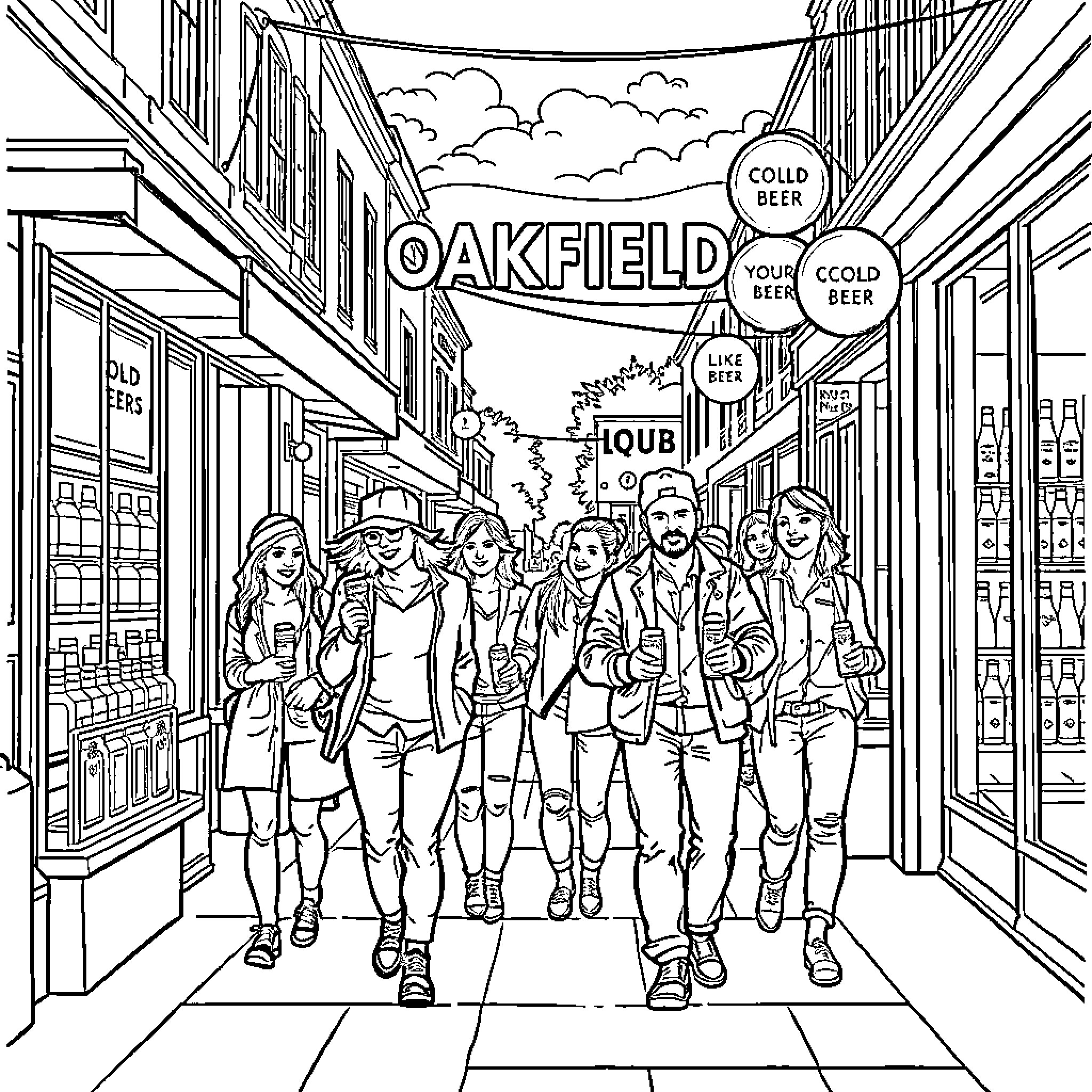 Person walking down the street with friends in Oakfield Coloring Page (free black-and-white line drawing printable PDF for all, from beginners to advanced learners, including children, teens, adults, and seniors)