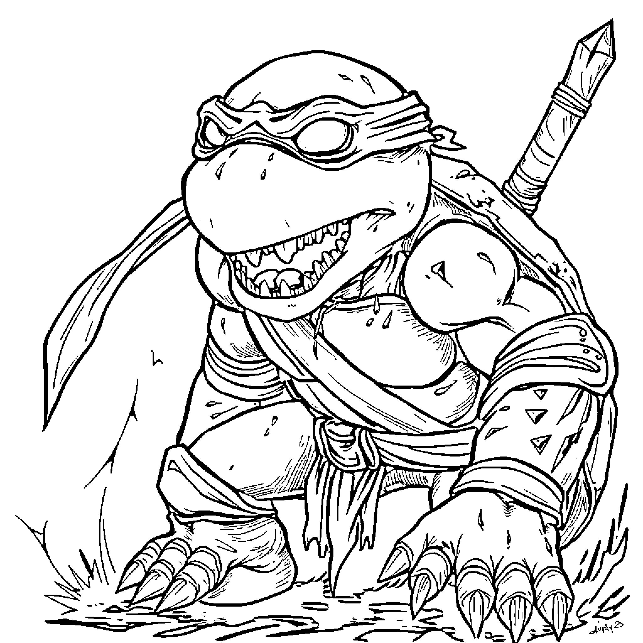 Ninja Turtle ready for action in the wilderness Coloring Page (free black-and-white line drawing printable PDF for all, from beginners to advanced learners, including children, teens, adults, and seniors)