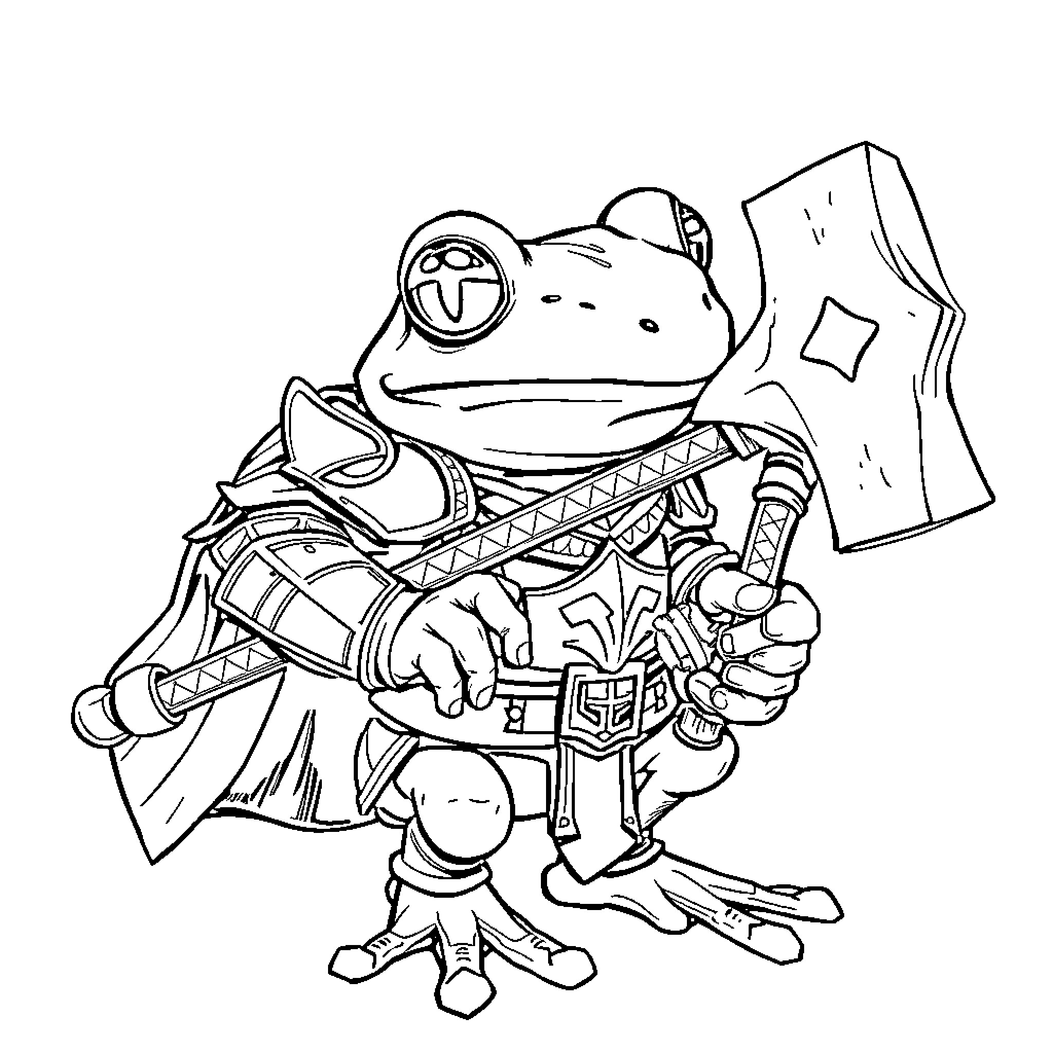Tree Frog Warrior Wielding Tribal Weapon Coloring Page (free black-and-white line drawing printable PDF for all, from beginners to advanced learners, including children, teens, adults, and seniors)