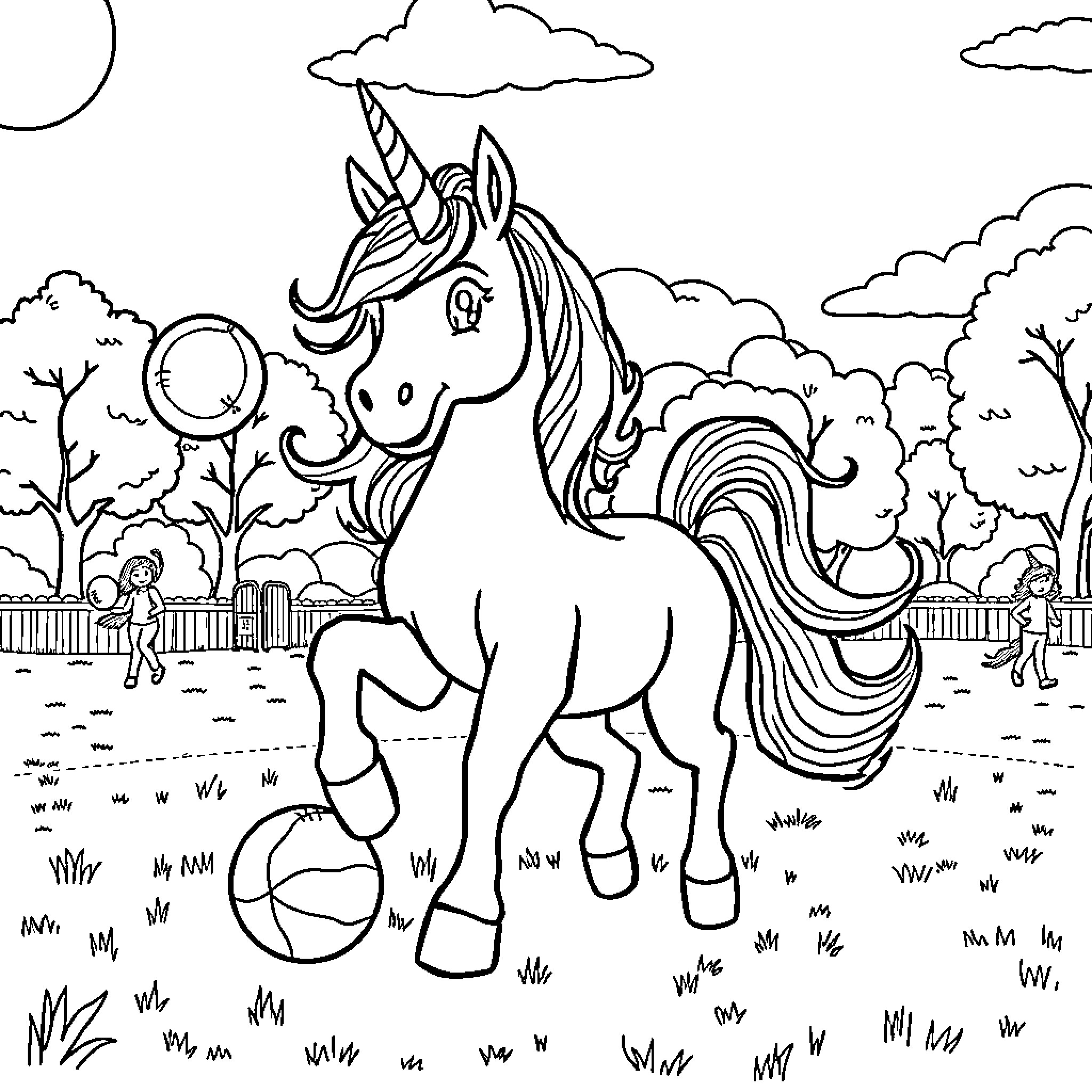 Unicorn prancing joyfully in a whimsical landscape Coloring Page (free black-and-white line drawing printable PDF for all, from beginners to advanced learners, including children, teens, adults, and seniors)