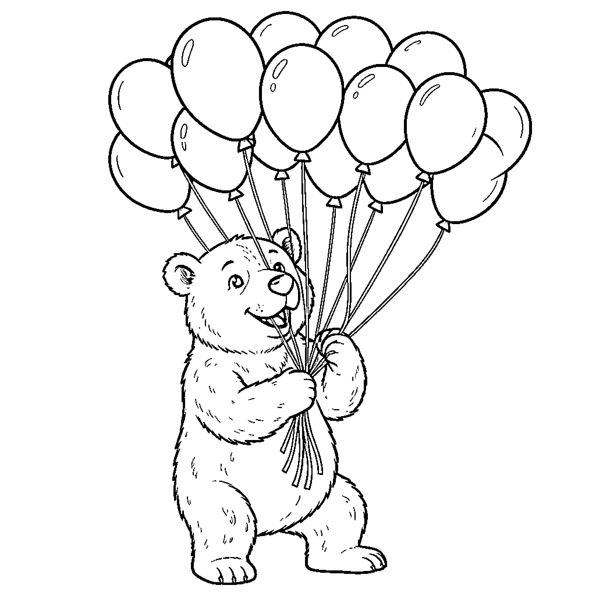 Bear holding bunch of balloons Coloring Page (free black-and-white line drawing printable PDF for all, from beginners to advanced learners, including children, teens, adults, and seniors)