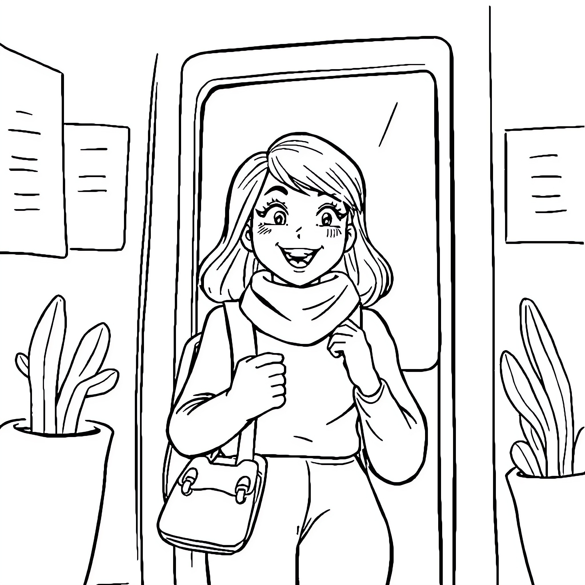 Coralie's Cheerful Stroll Through the City Coloring Page (free black-and-white line drawing printable PDF for all, from beginners to advanced learners, including children, teens, adults, and seniors)