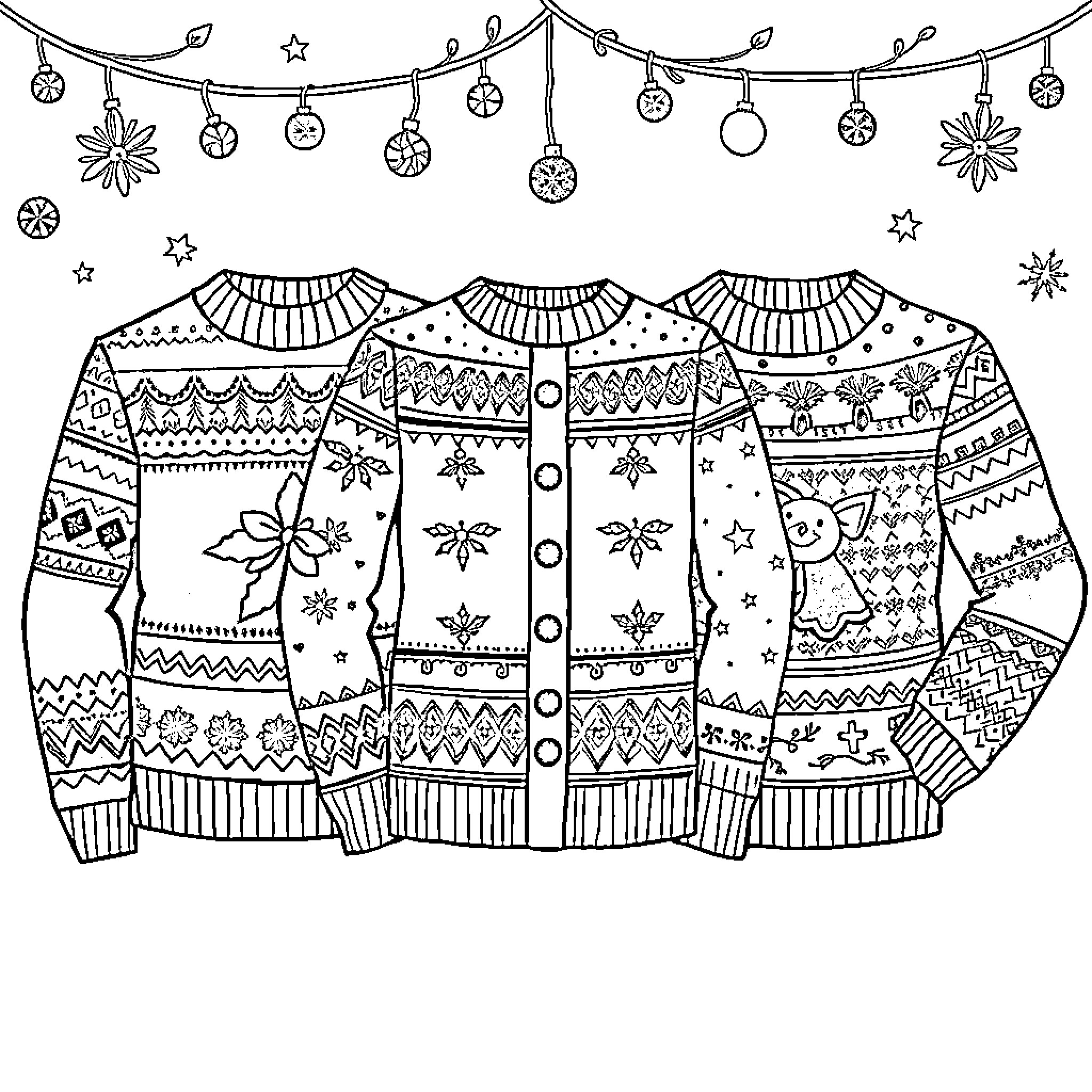 Christmas Sweater Cozy and Festive Designs Coloring Page (free black-and-white line drawing printable PDF for all, from beginners to advanced learners, including children, teens, adults, and seniors)