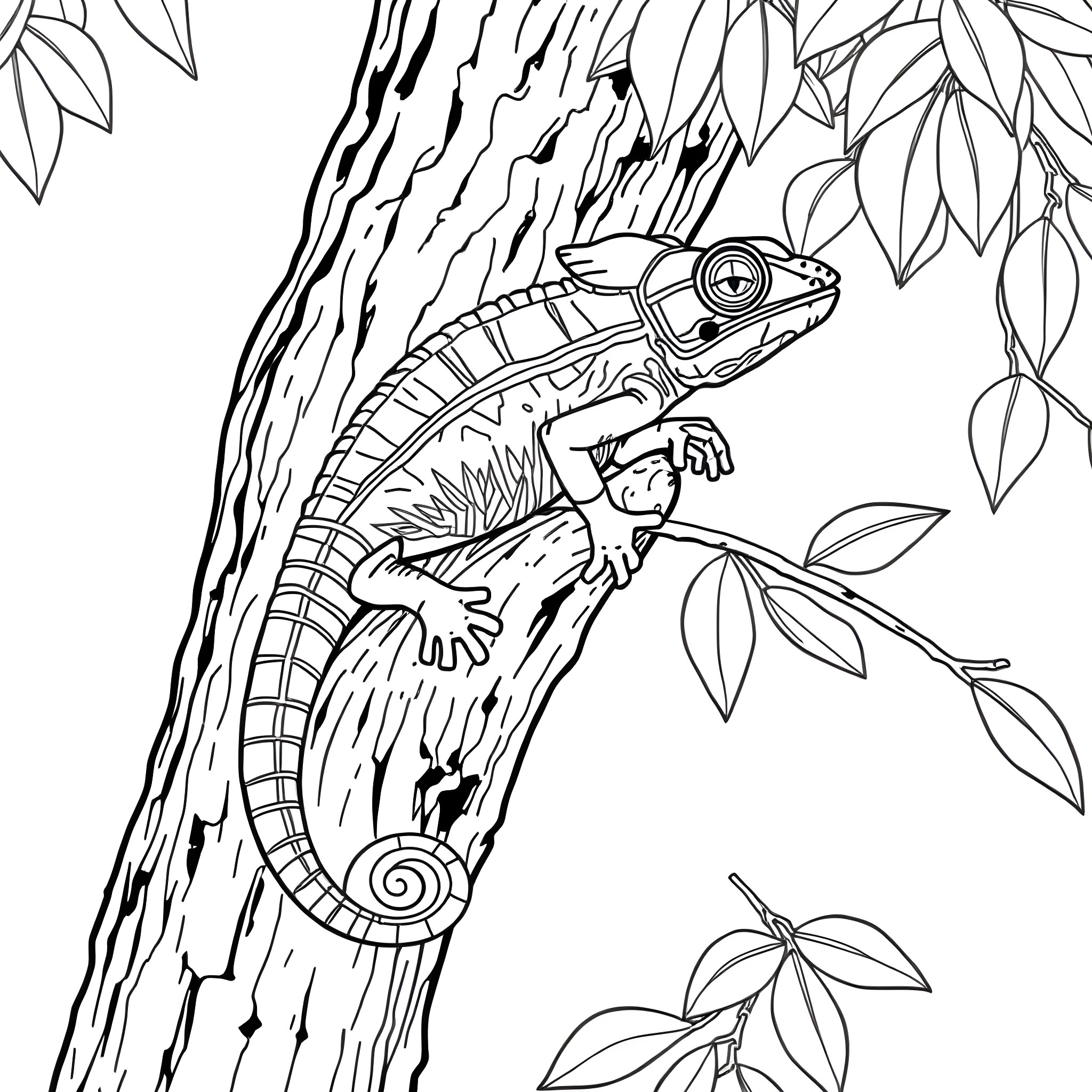 Chameleon climbing on a tree branch Coloring Page (free black-and-white line drawing printable PDF for all, from beginners to advanced learners, including children, teens, adults, and seniors)