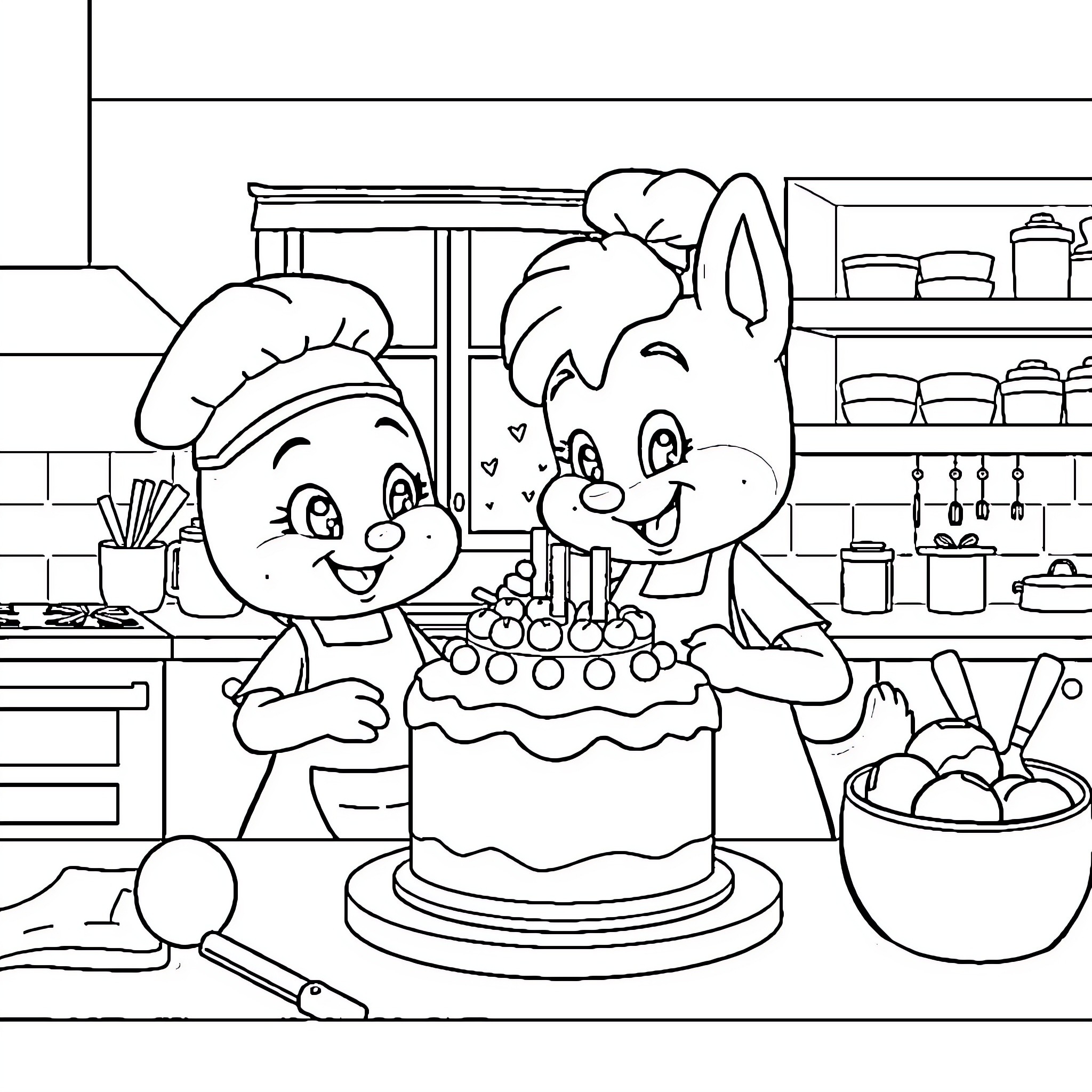 Bingo chefs enjoying cake in the kitchen Coloring Page (free black-and-white line drawing printable PDF for all, from beginners to advanced learners, including children, teens, adults, and seniors)