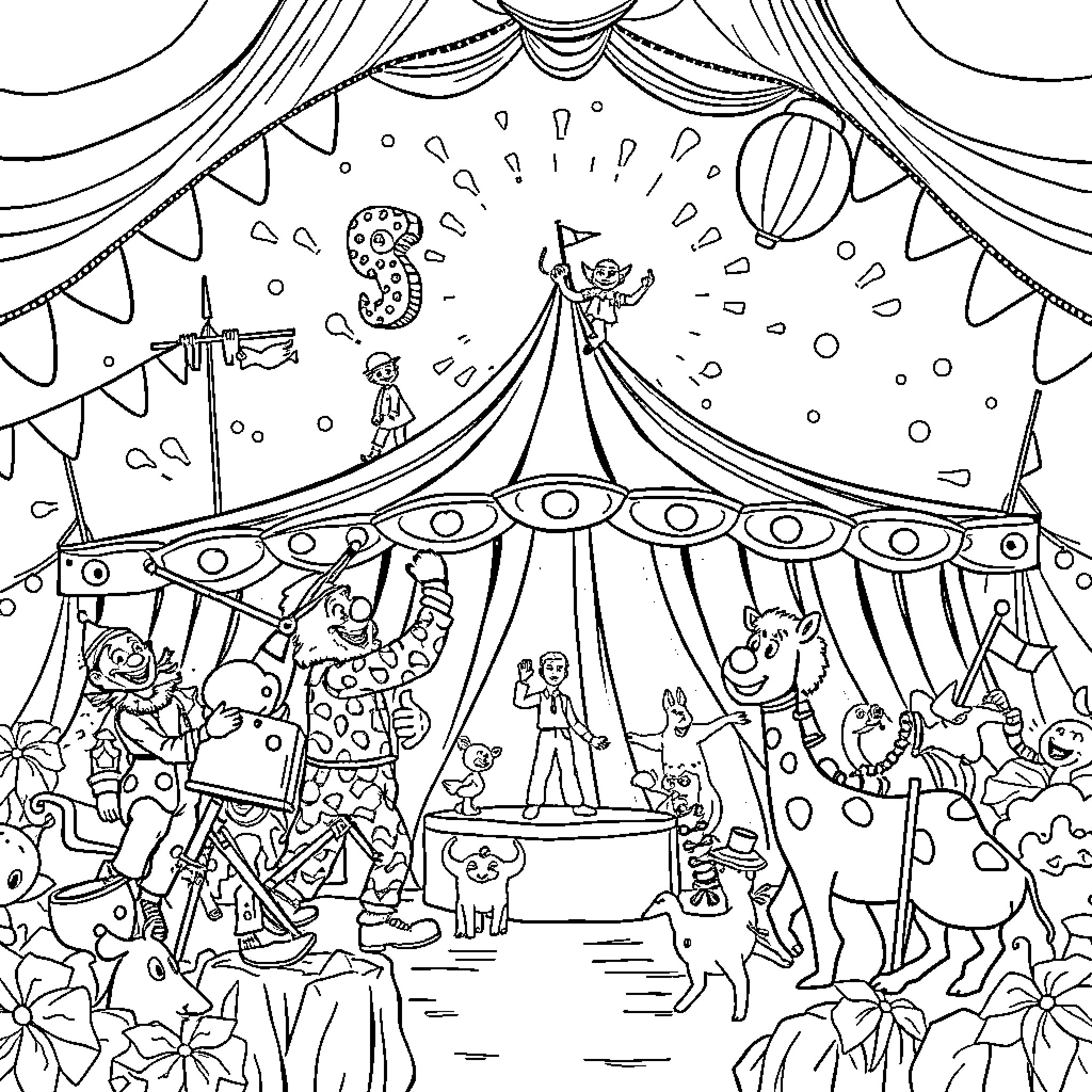 Circus Celebration with Performers and Decorations Coloring Page (free black-and-white line drawing printable PDF for all, from beginners to advanced learners, including children, teens, adults, and seniors)
