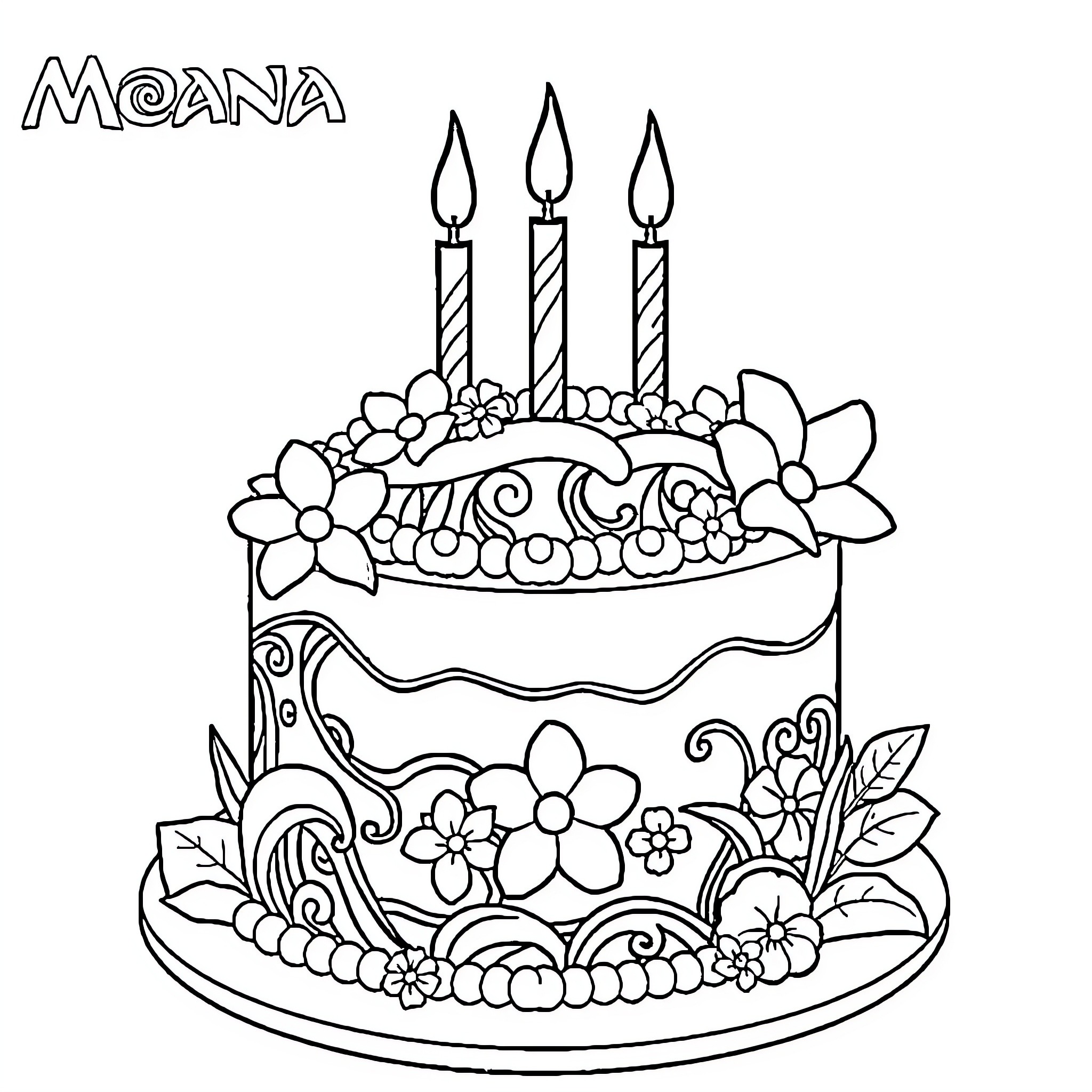 Moana's Floral Birthday Cake with Candles Coloring Page (free black-and-white line drawing printable PDF for all, from beginners to advanced learners, including children, teens, adults, and seniors)