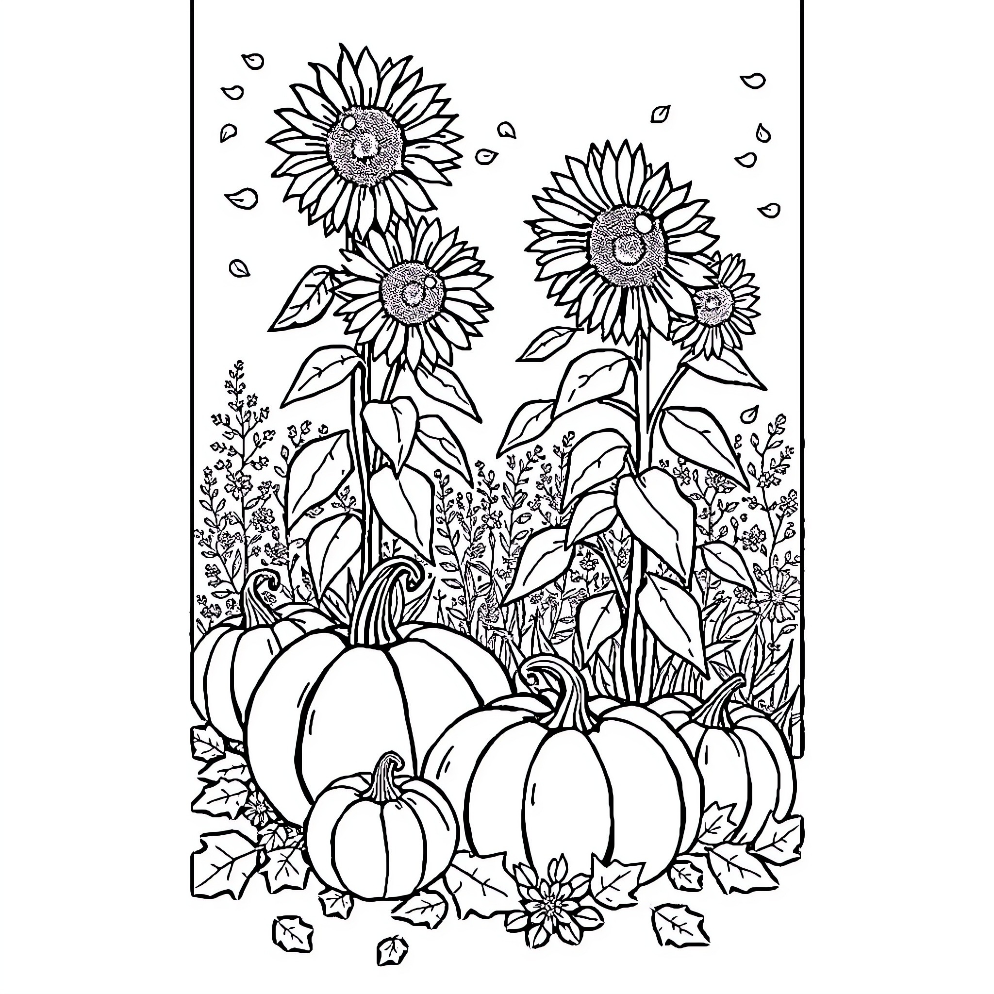 Leaf Sunflowers and Pumpkins in Garden Coloring Page (free black-and-white line drawing printable PDF for all, from beginners to advanced learners, including children, teens, adults, and seniors)