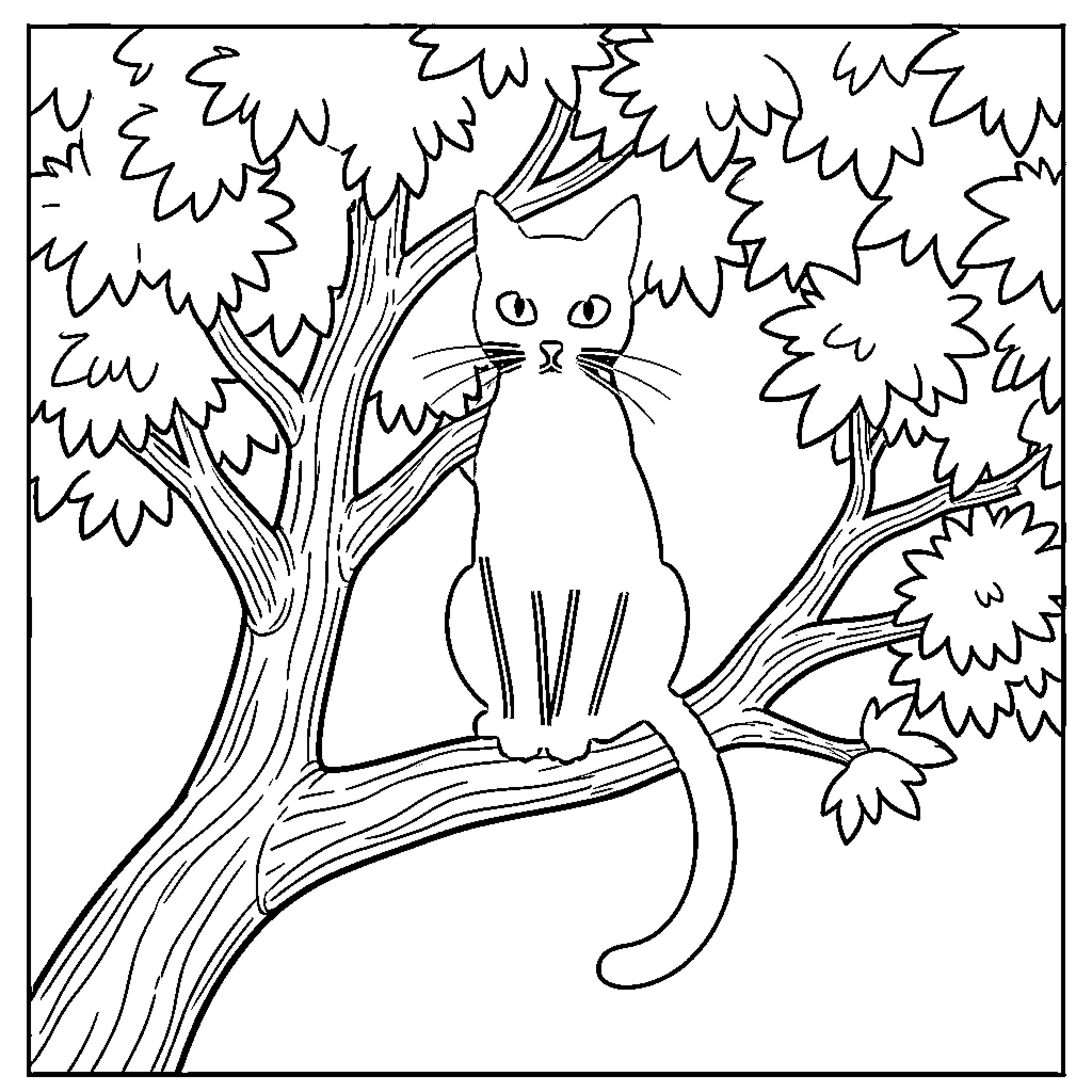 Cat Sitting on Tree Branch in Forest Coloring Page (free black-and-white line drawing printable PDF for all, from beginners to advanced learners, including children, teens, adults, and seniors)