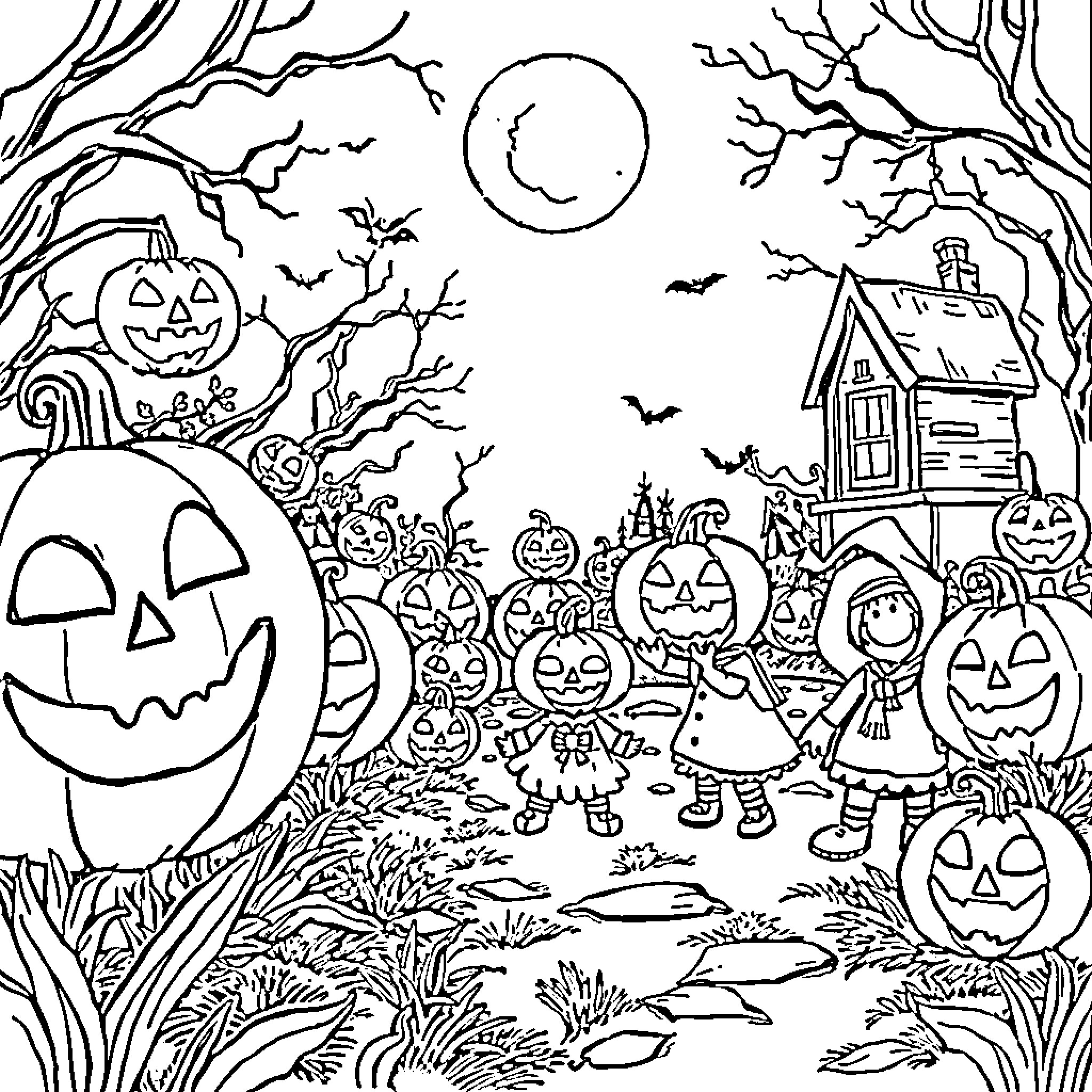 Halloween Trick-or-Treaters Celebrating in the Moonlit Forest Coloring Page (free black-and-white line drawing printable PDF for all, from beginners to advanced learners, including children, teens, adults, and seniors)