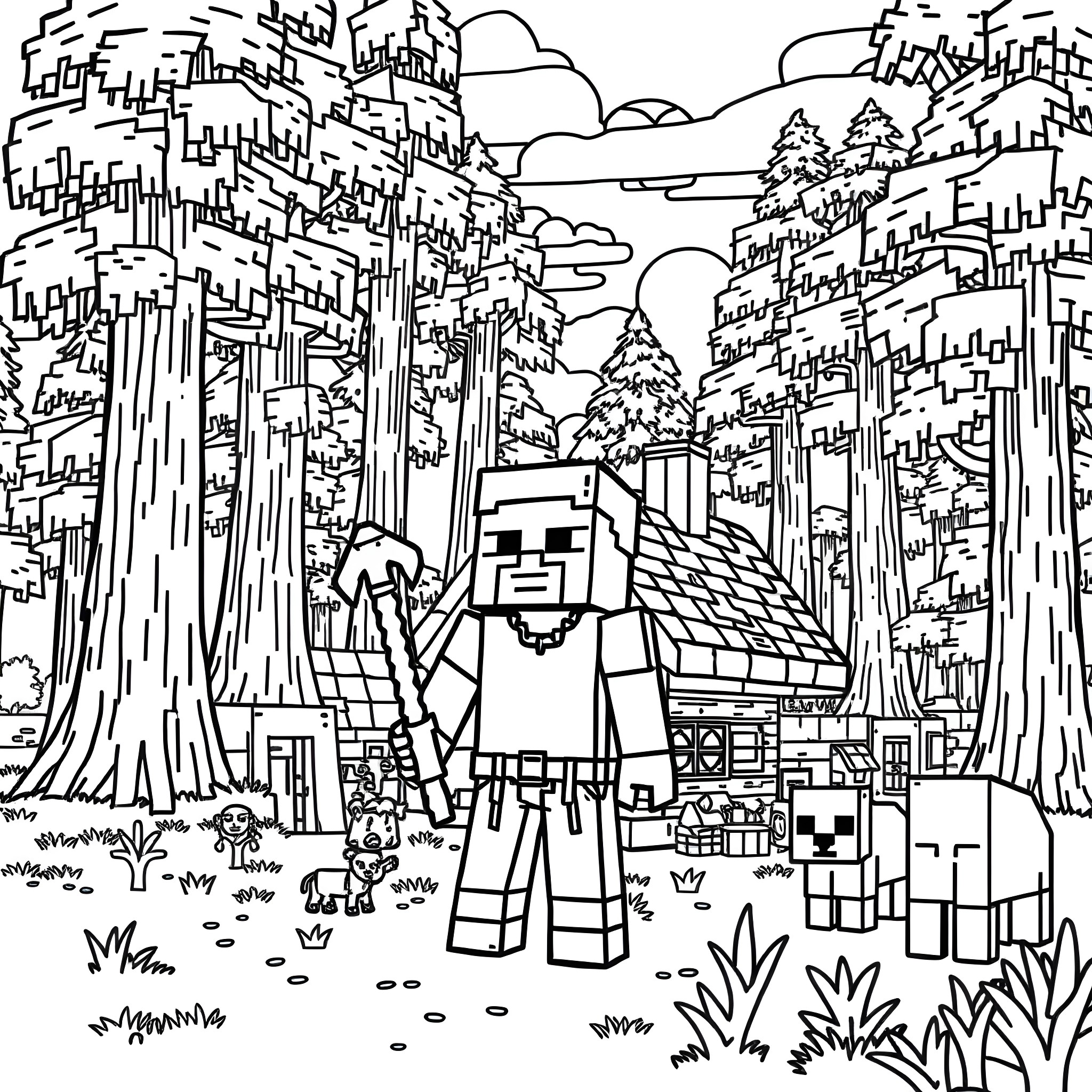 Denis exploring the fantastical Minecraft landscape Coloring Page (free black-and-white line drawing printable PDF for all, from beginners to advanced learners, including children, teens, adults, and seniors)