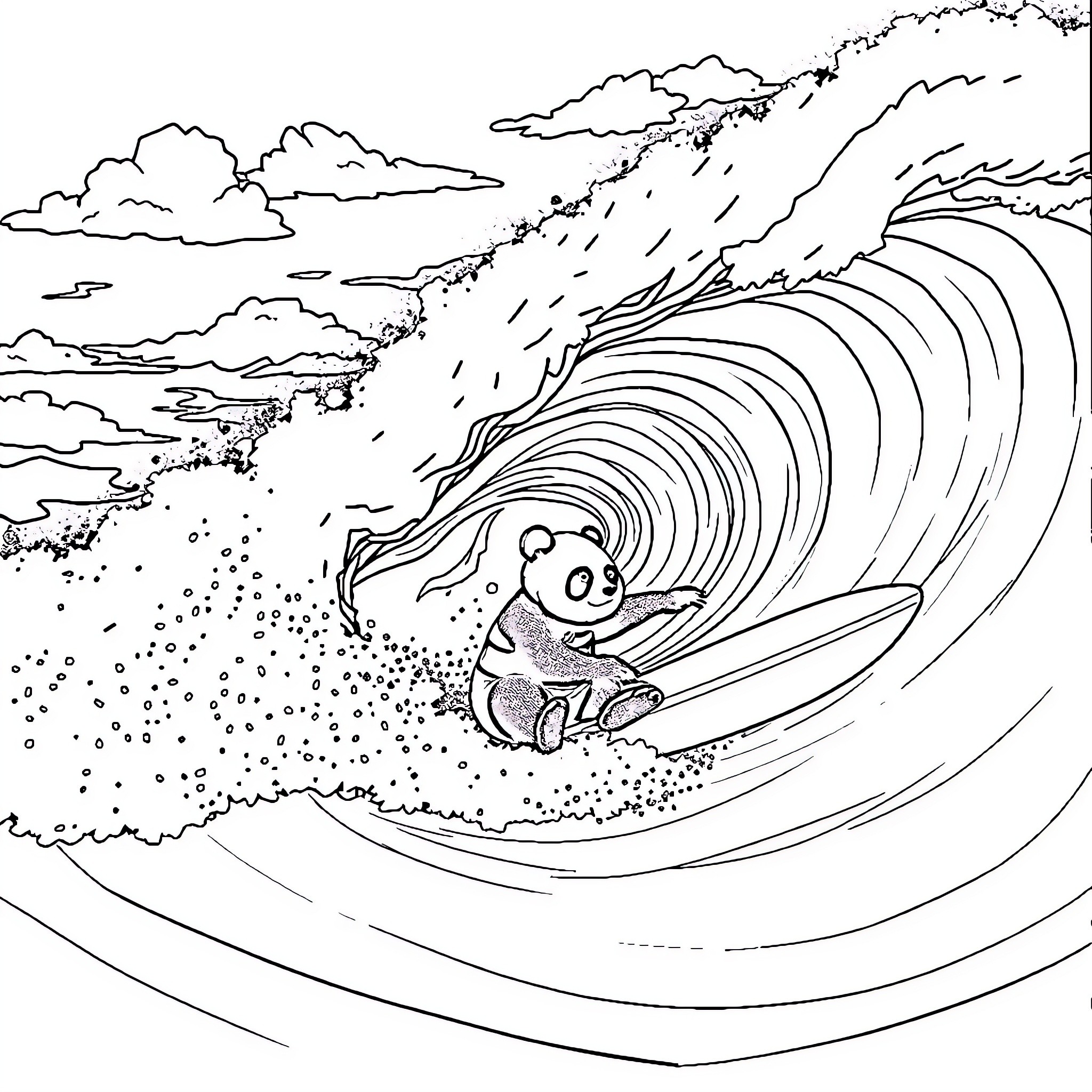 Panda riding a big wave with surfboard Coloring Page (free black-and-white line drawing printable PDF for all, from beginners to advanced learners, including children, teens, adults, and seniors)