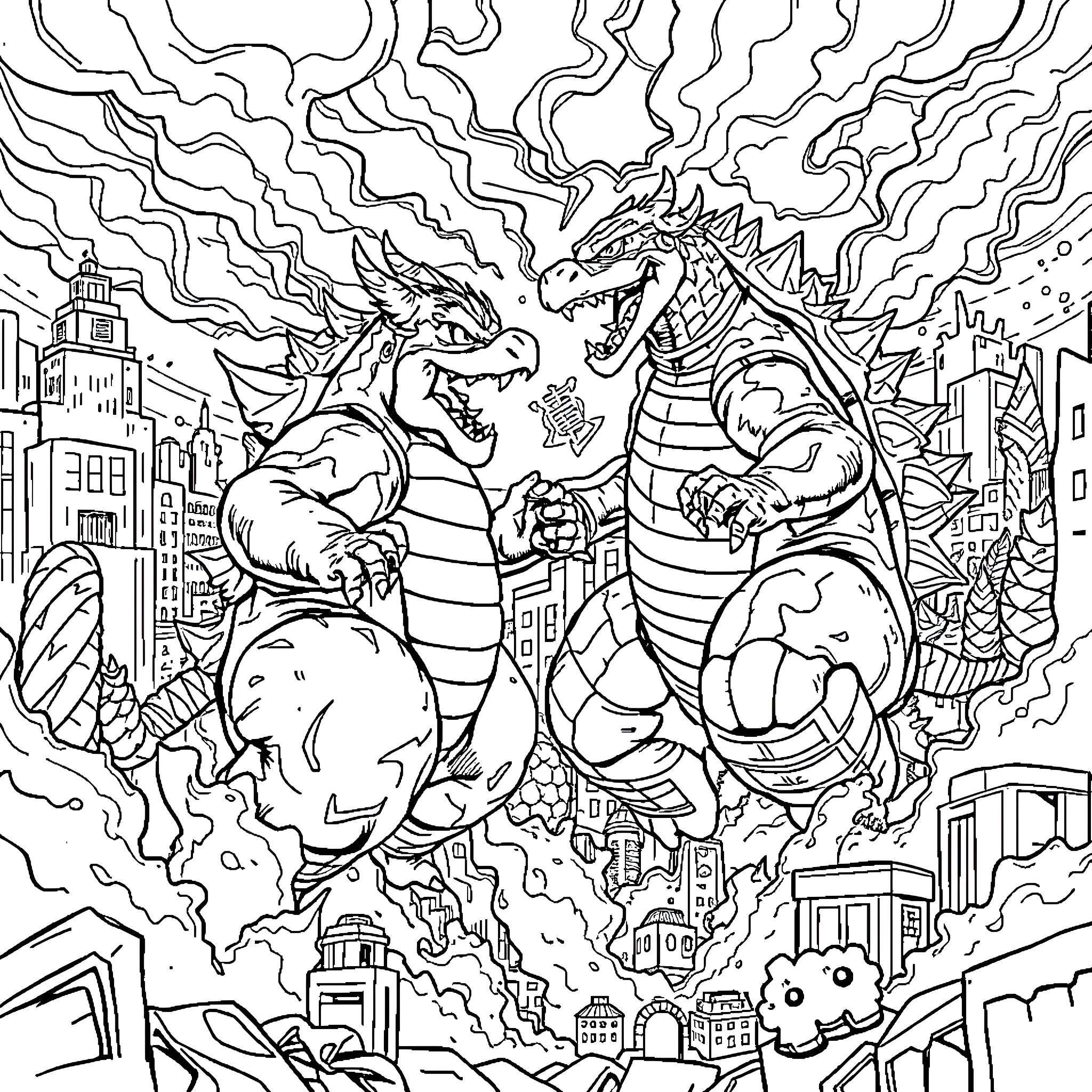 Bowser battling his rival in a city landscape Coloring Page (free black-and-white line drawing printable PDF for all, from beginners to advanced learners, including children, teens, adults, and seniors)