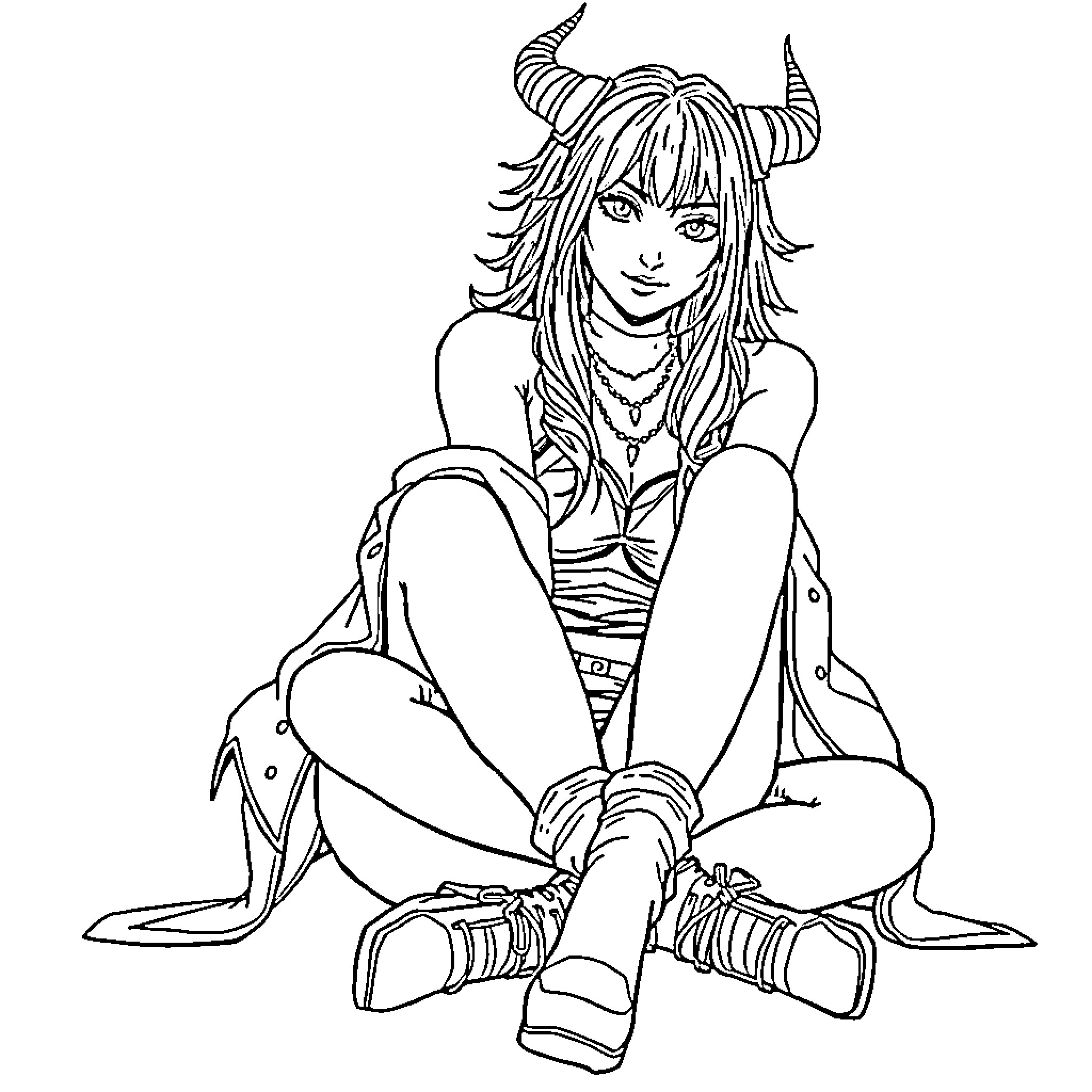 Zoë's Unique Attire and Pose Coloring Page (free black-and-white line drawing printable PDF for all, from beginners to advanced learners, including children, teens, adults, and seniors)