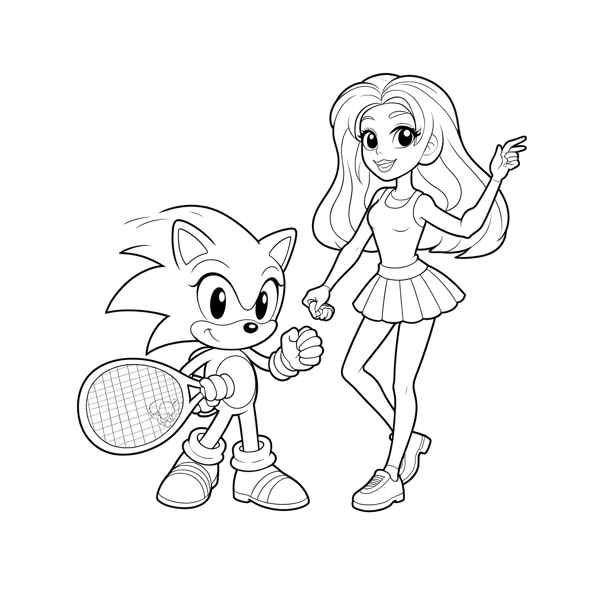 Sonic and a Girl Enjoying Racket Sports Coloring Page (free black-and-white line drawing printable PDF for all, from beginners to advanced learners, including children, teens, adults, and seniors)