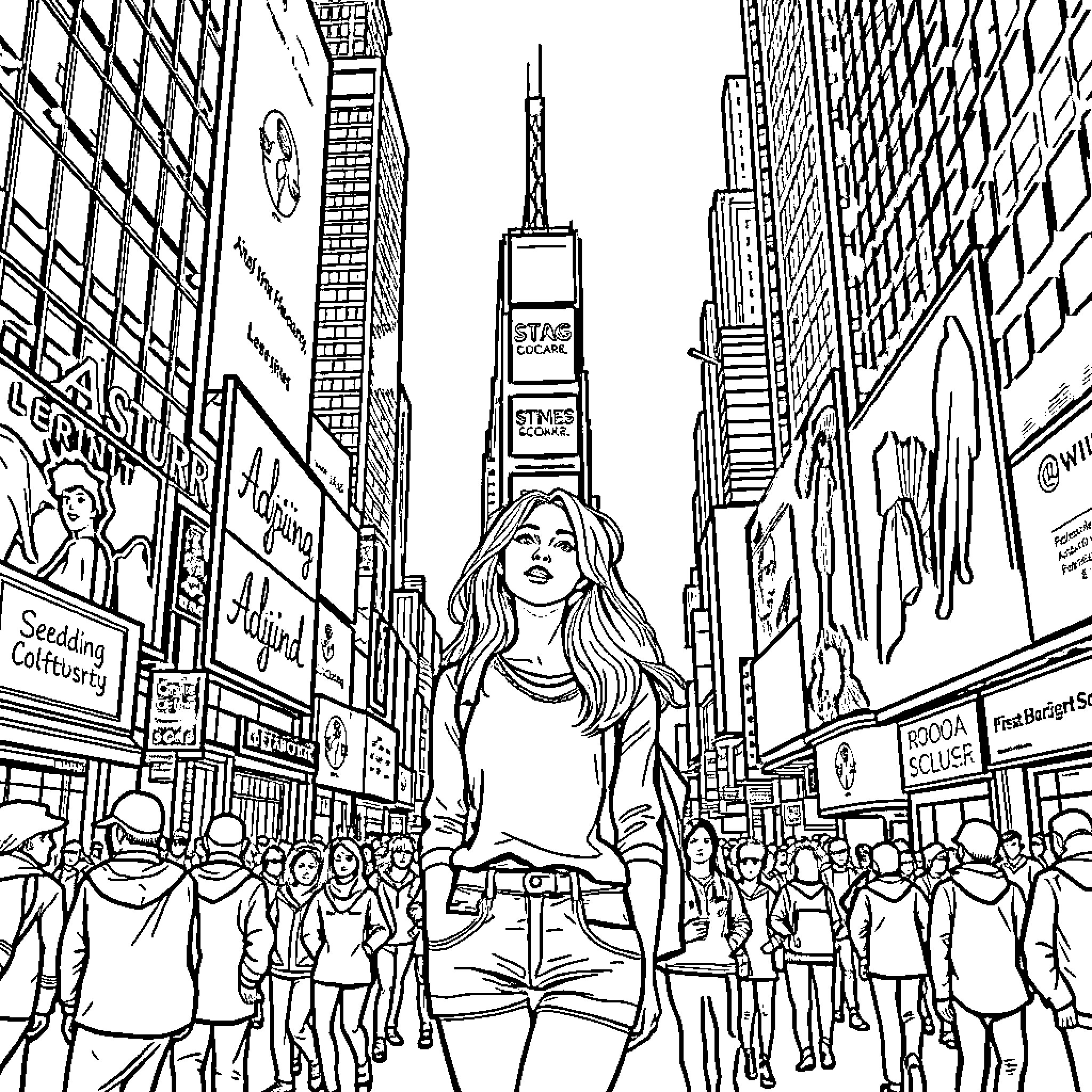 Lady in the bustling city streets Coloring Page (free black-and-white line drawing printable PDF for all, from beginners to advanced learners, including children, teens, adults, and seniors)