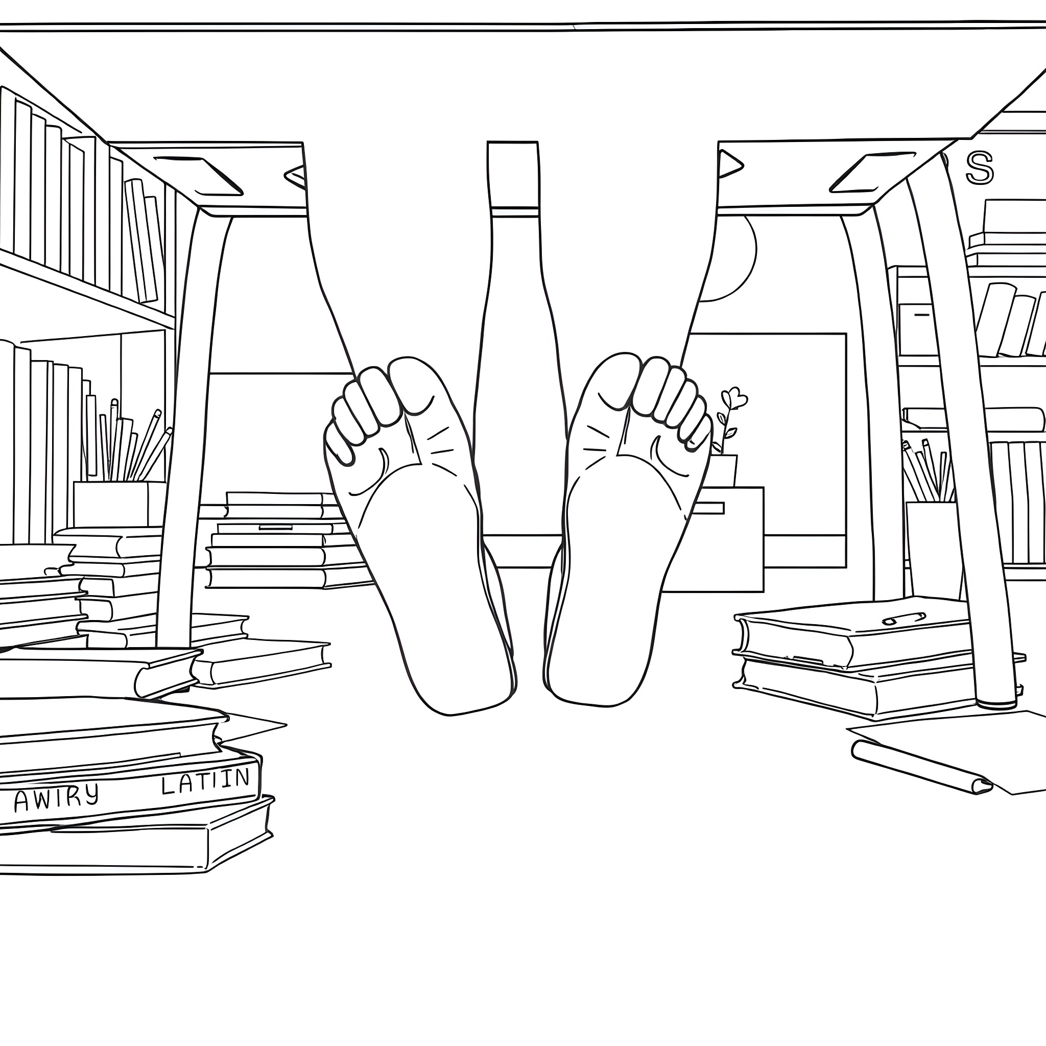Teacher's Feet Resting in Classroom Coloring Page (free black-and-white line drawing printable PDF for all, from beginners to advanced learners, including children, teens, adults, and seniors)