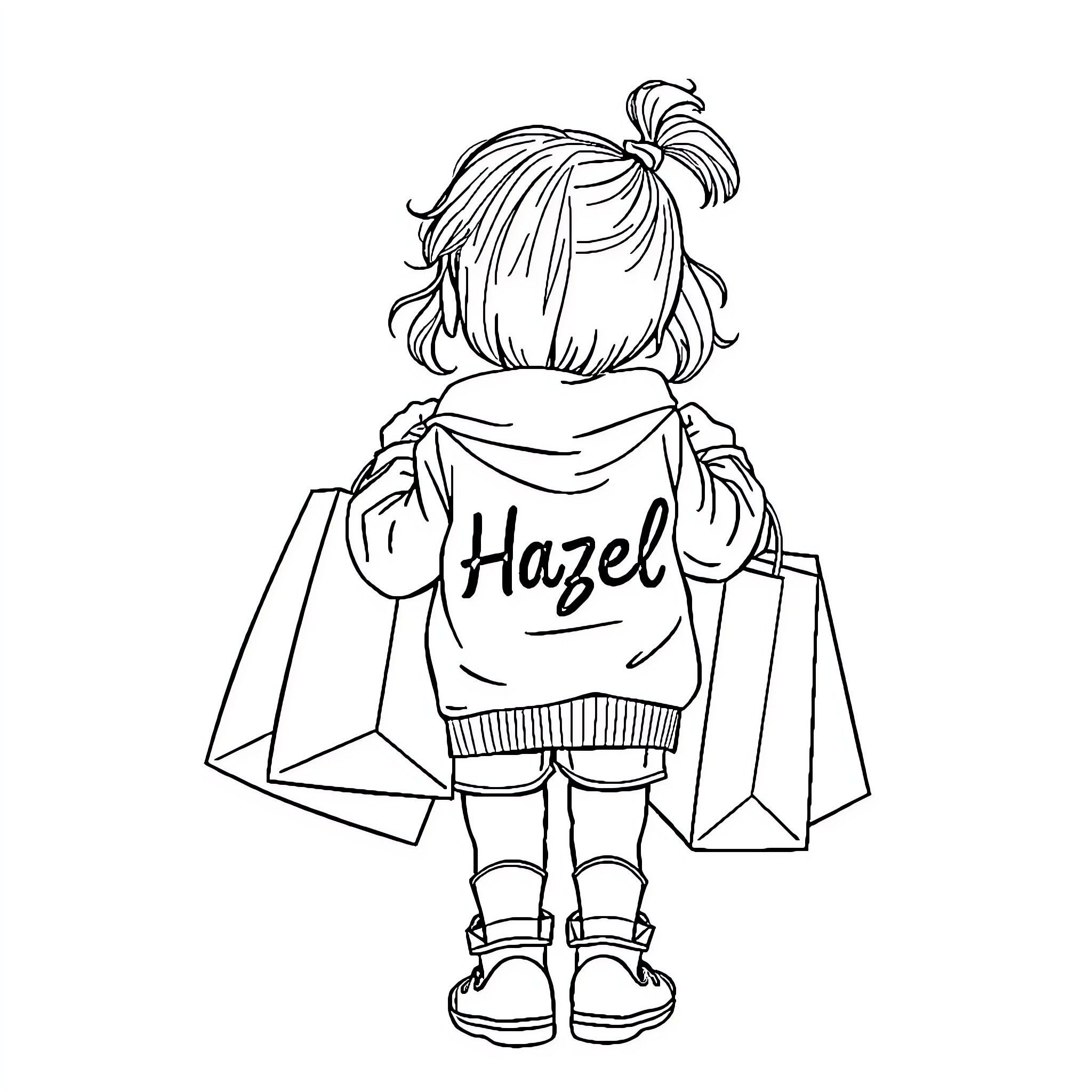 Girl in Hazel hoodie with shopping bags Coloring Page (free black-and-white line drawing printable PDF for all, from beginners to advanced learners, including children, teens, adults, and seniors)
