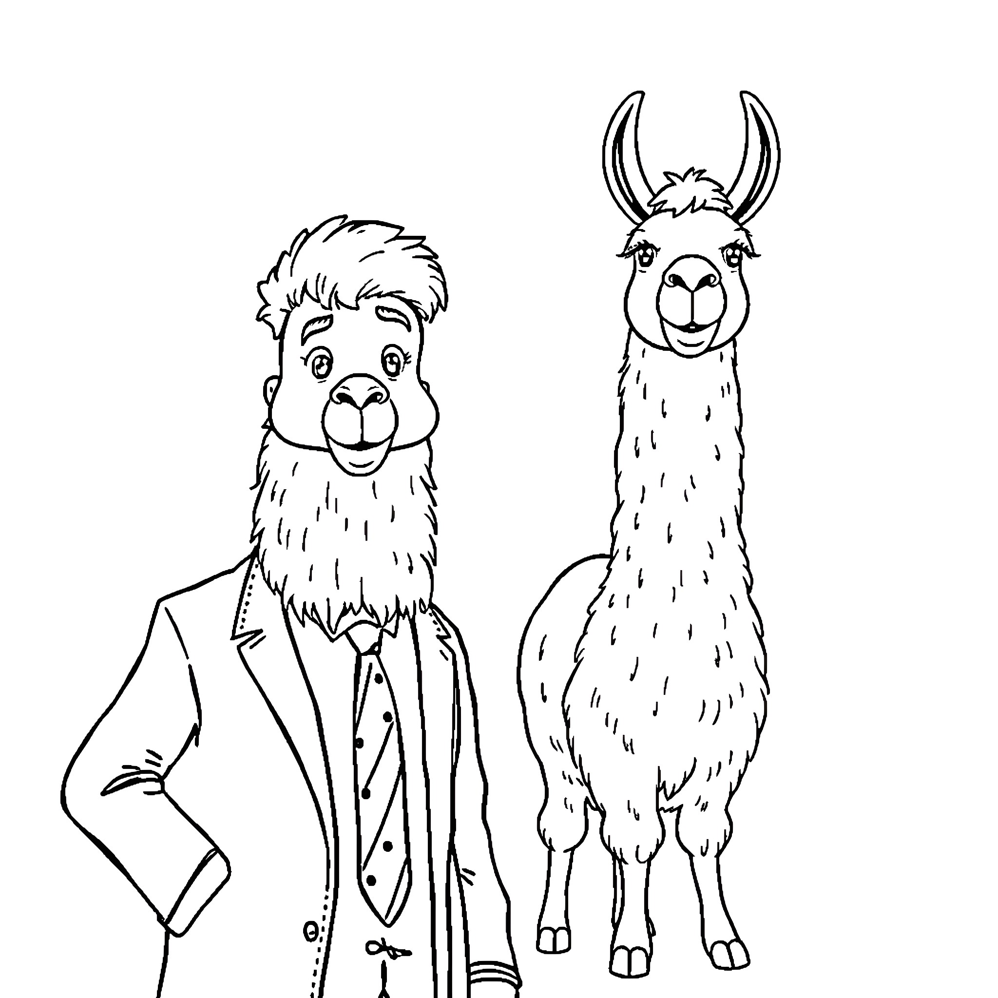 Drama Llama duo in formal attire Coloring Page (free black-and-white line drawing printable PDF for all, from beginners to advanced learners, including children, teens, adults, and seniors)