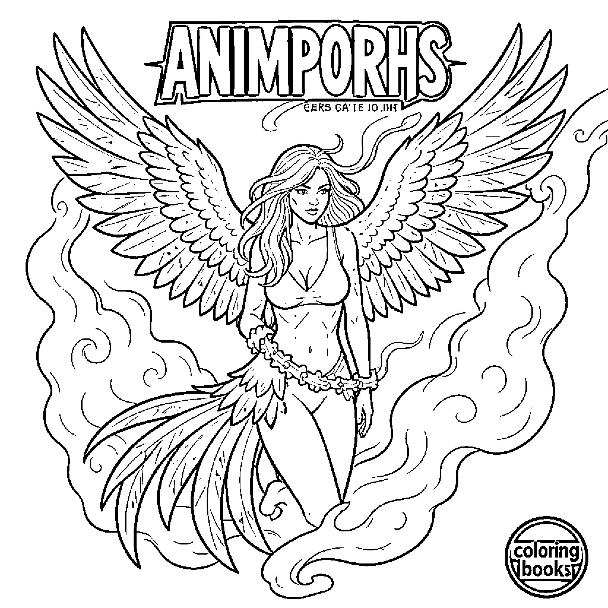 Woman with winged angel-like figure Coloring Page (free black-and-white line drawing printable PDF for all, from beginners to advanced learners, including children, teens, adults, and seniors)
