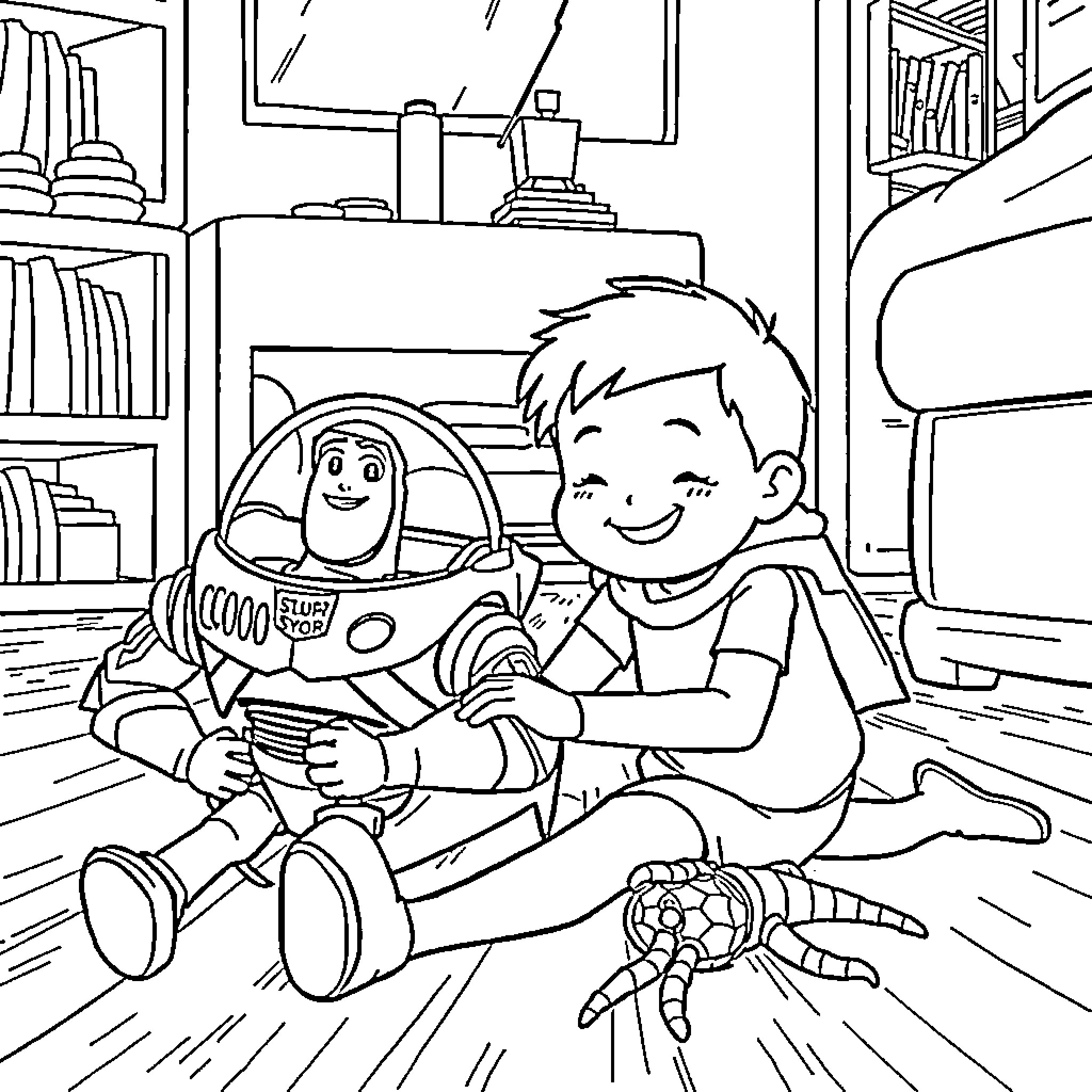 Finn plays with toy friend in cozy room Coloring Page (free black-and-white line drawing printable PDF for all, from beginners to advanced learners, including children, teens, adults, and seniors)
