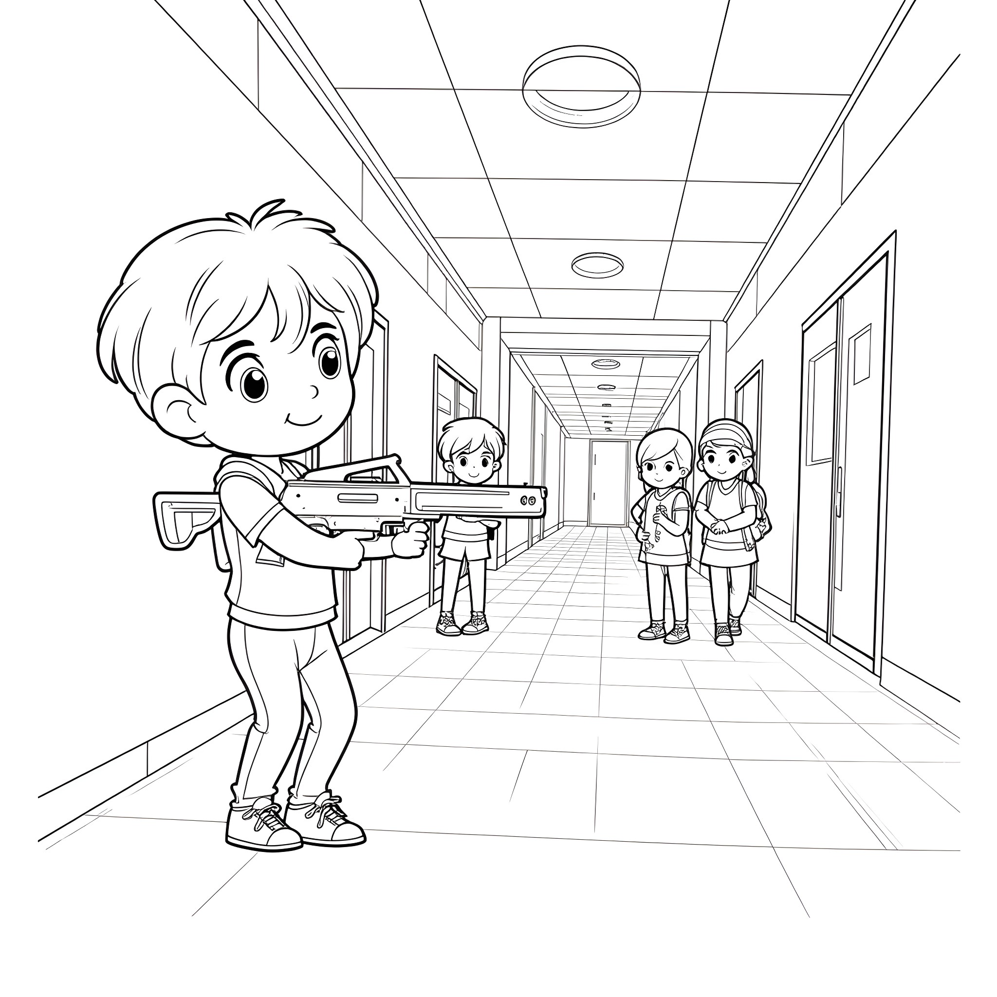Kid playing with toy gun in school hallway Coloring Page (free black-and-white line drawing printable PDF for all, from beginners to advanced learners, including children, teens, adults, and seniors)