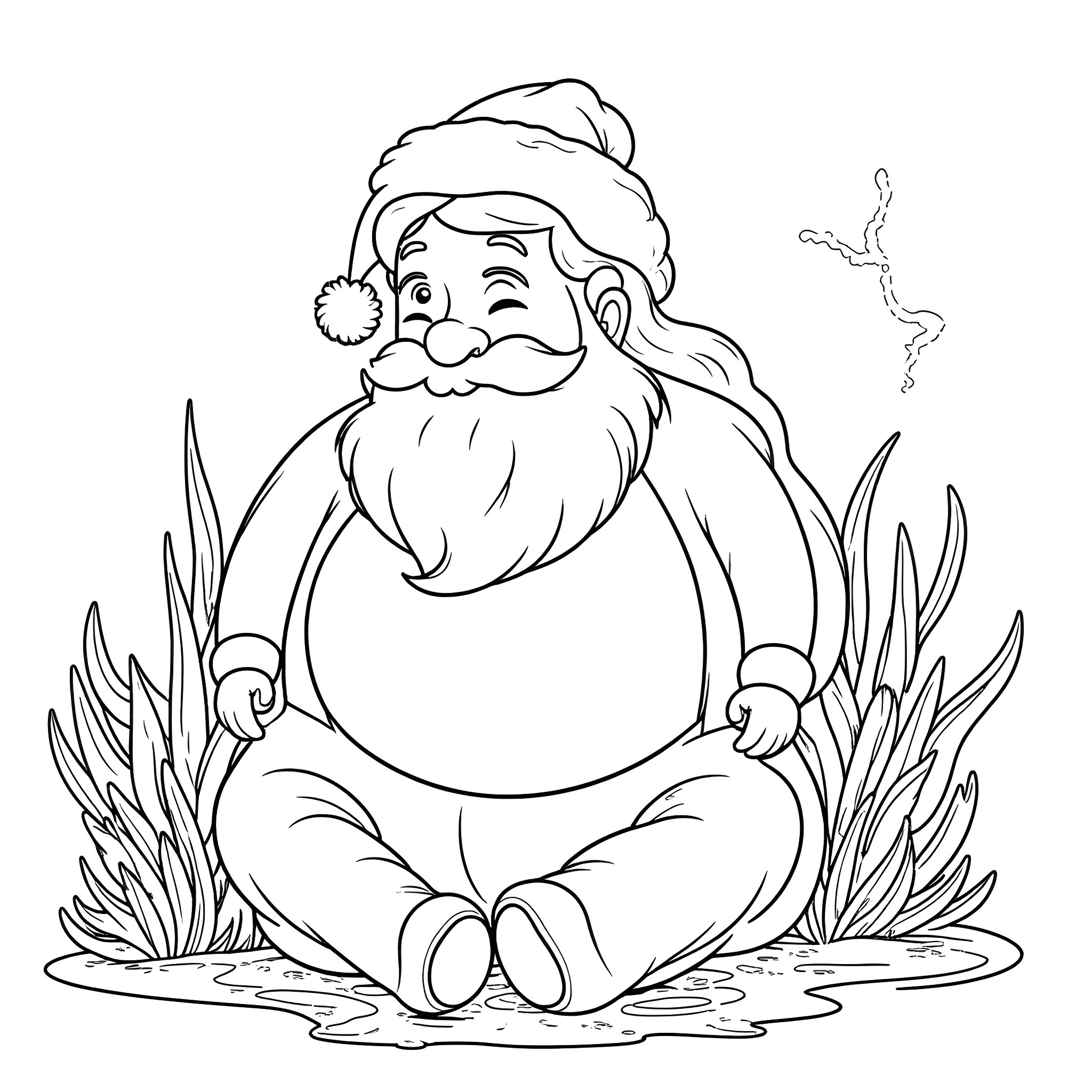 Santana Santa Claus meditating in nature Coloring Page (free black-and-white line drawing printable PDF for all, from beginners to advanced learners, including children, teens, adults, and seniors)