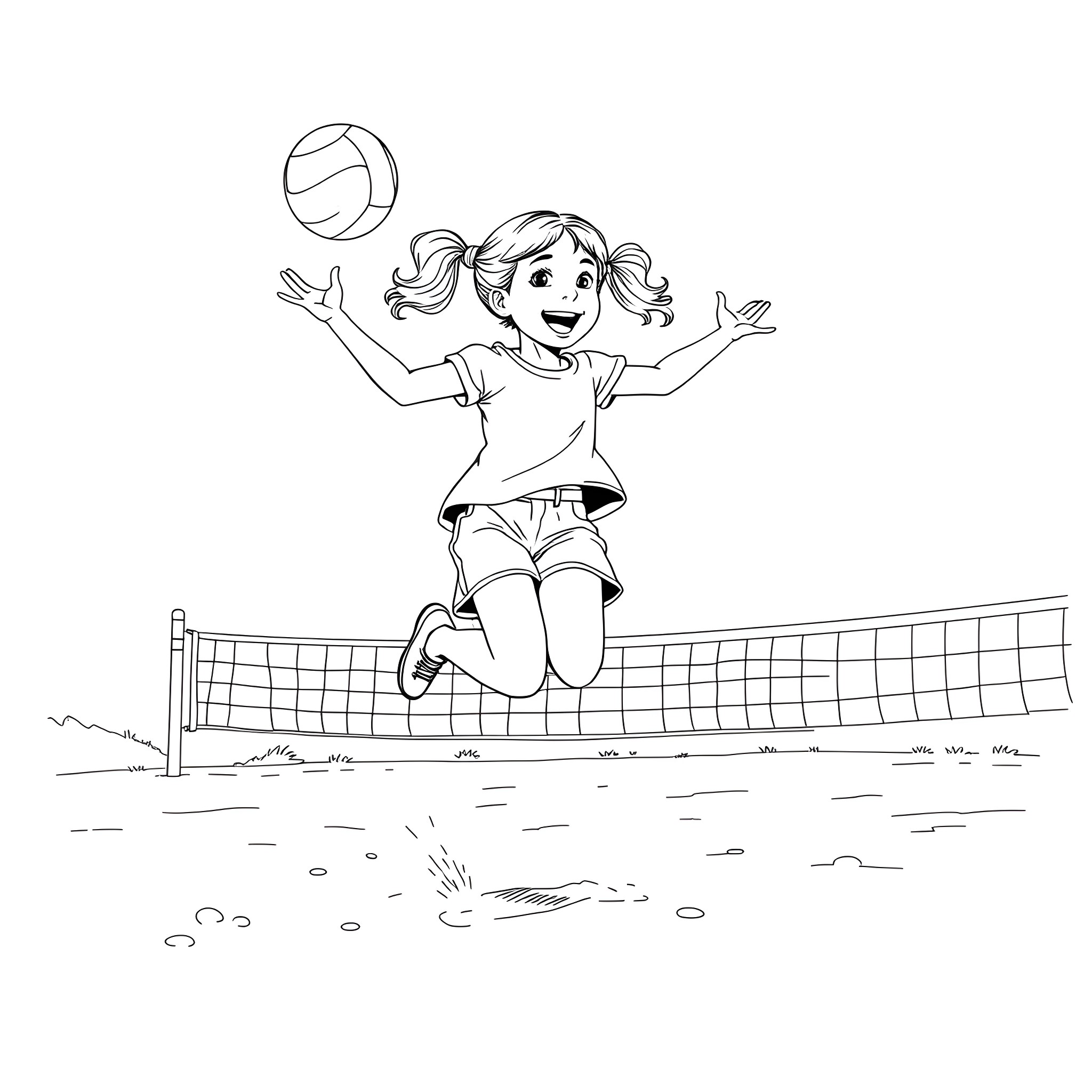 Anime Girl Happily Playing Volleyball on the Court Coloring Page (free black-and-white line drawing printable PDF for all, from beginners to advanced learners, including children, teens, adults, and seniors)
