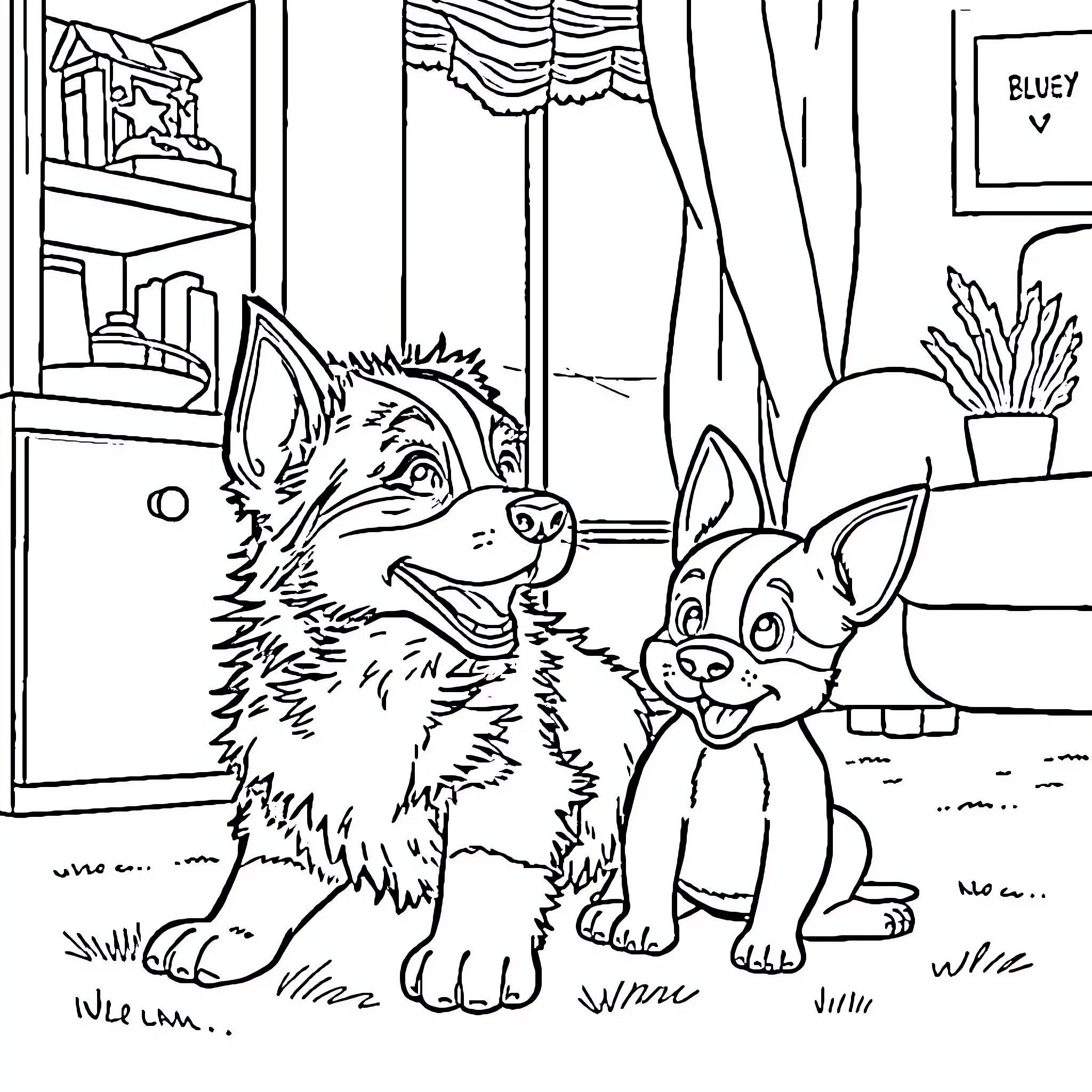 Bluey and Bingo Playing in the Room Coloring Page (free black-and-white line drawing printable PDF for all, from beginners to advanced learners, including children, teens, adults, and seniors)