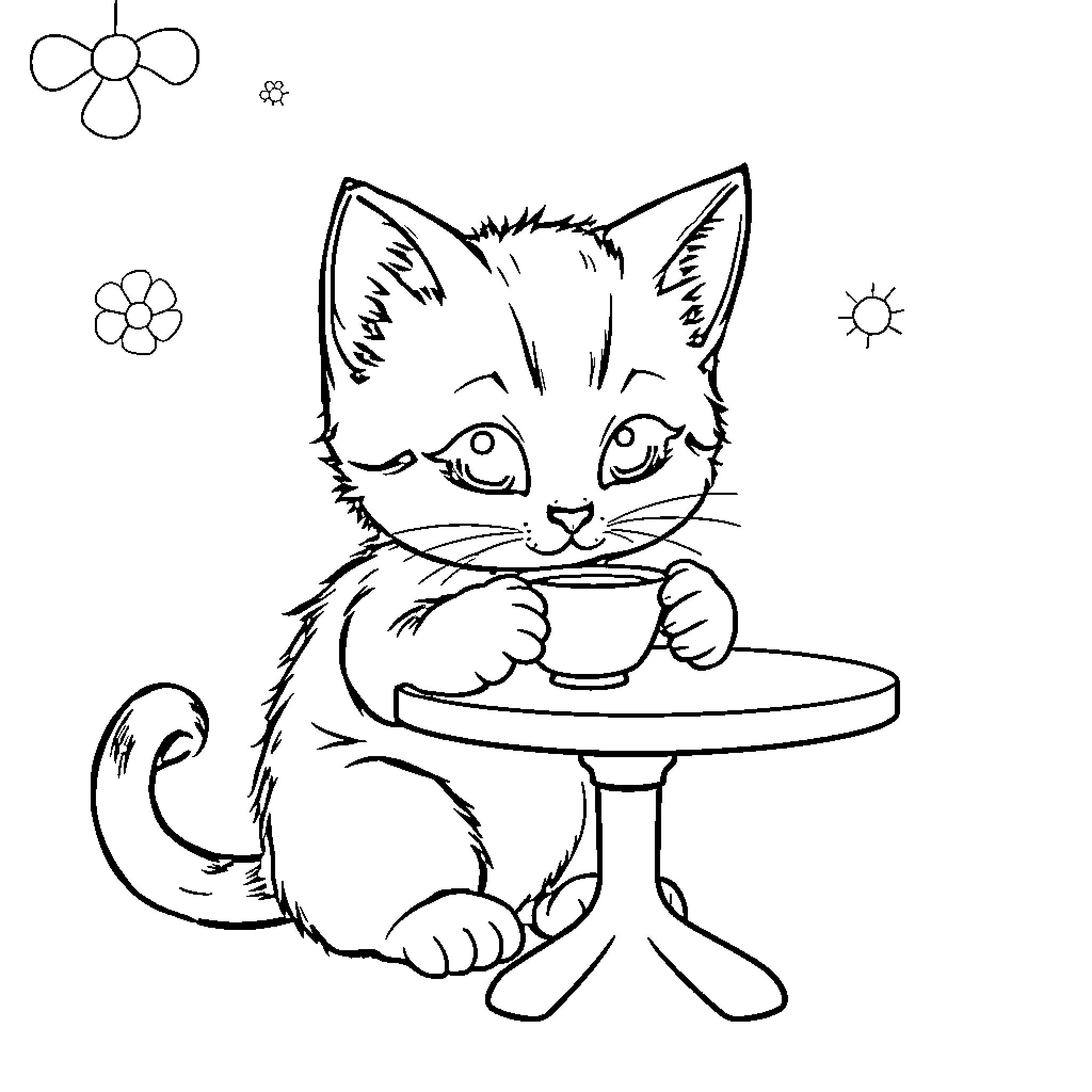 Kitty enjoying a snack on a table Coloring Page (free black-and-white line drawing printable PDF for all, from beginners to advanced learners, including children, teens, adults, and seniors)