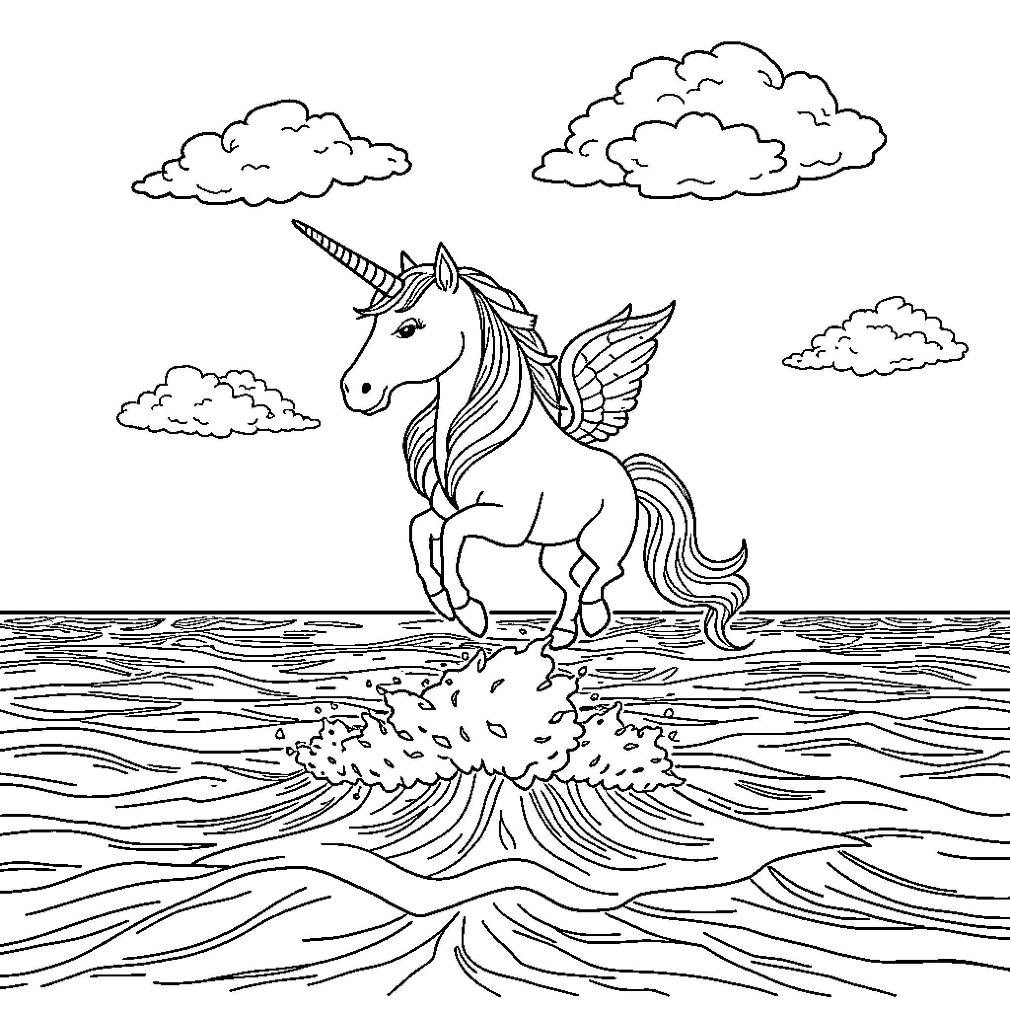 Unicorn riding gracefully through the waves Coloring Page (free black-and-white line drawing printable PDF for all, from beginners to advanced learners, including children, teens, adults, and seniors)