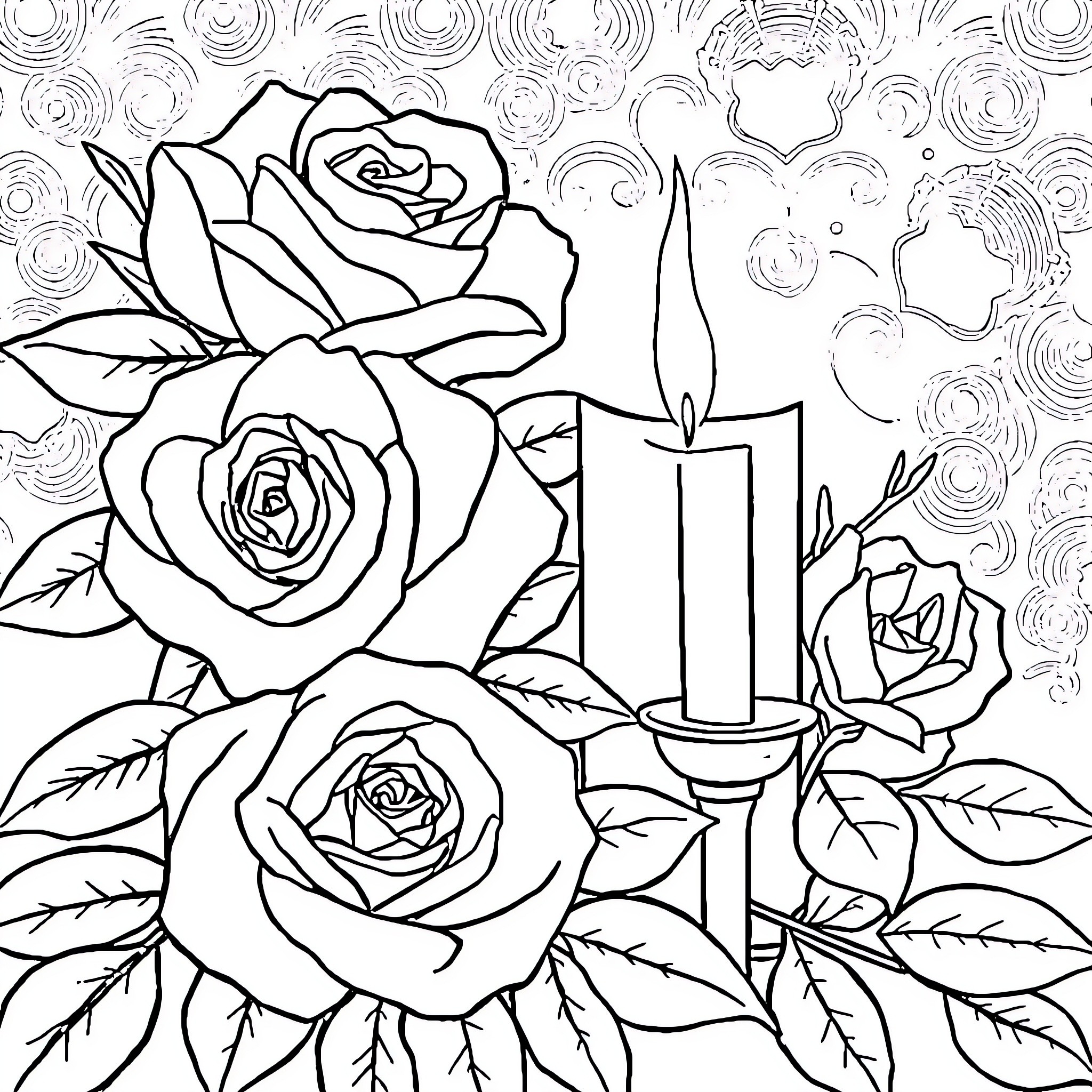 Rose Bouquet and Candle Centerpiece Coloring Page (free black-and-white line drawing printable PDF for all, from beginners to advanced learners, including children, teens, adults, and seniors)