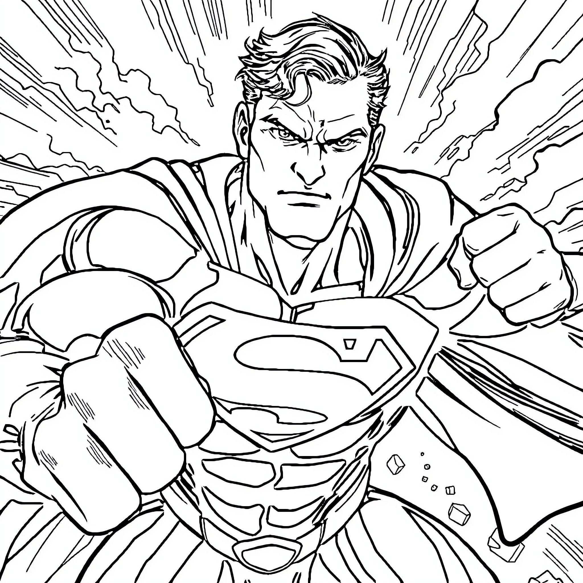 Superman Unleashing His Mighty Powers Coloring Page (free black-and-white line drawing printable PDF for all, from beginners to advanced learners, including children, teens, adults, and seniors)