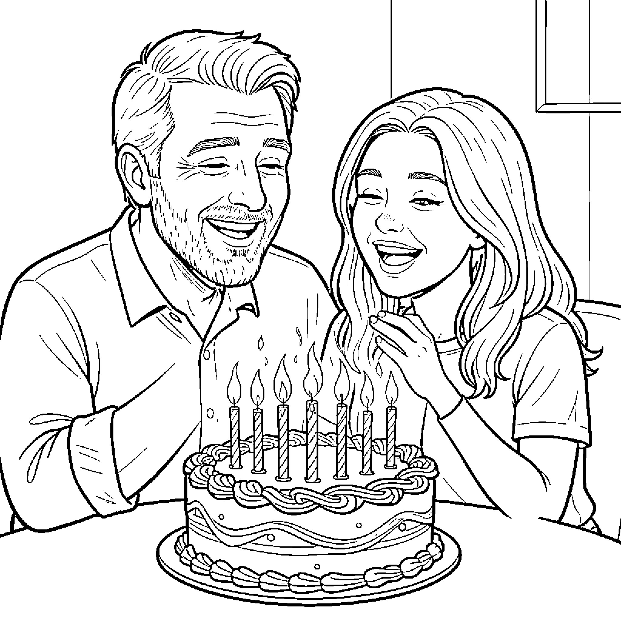 Papa and daughter celebrate birthday with cake Coloring Page (free black-and-white line drawing printable PDF for all, from beginners to advanced learners, including children, teens, adults, and seniors)