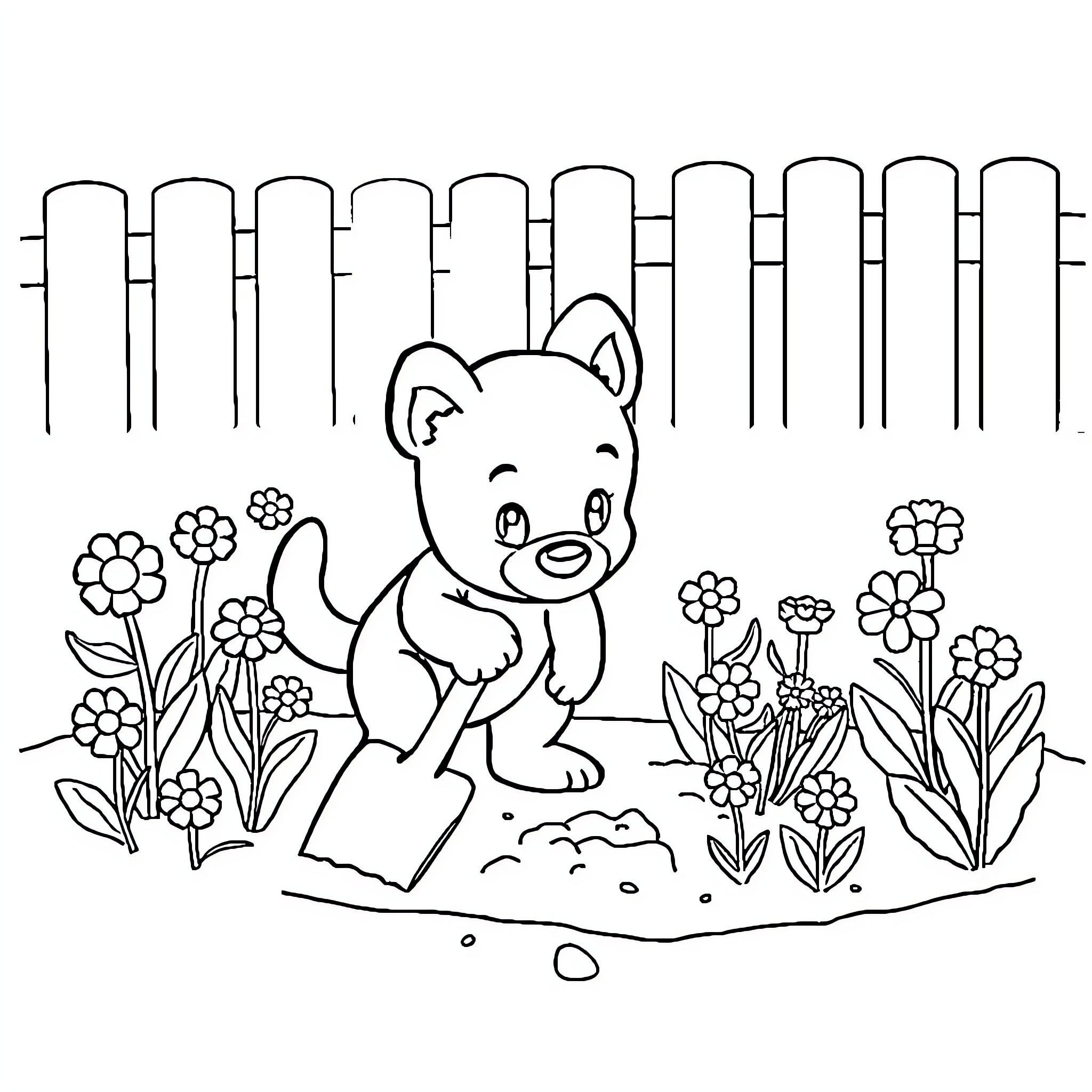 Bluey playing in a garden with flowers Coloring Page (free black-and-white line drawing printable PDF for all, from beginners to advanced learners, including children, teens, adults, and seniors)