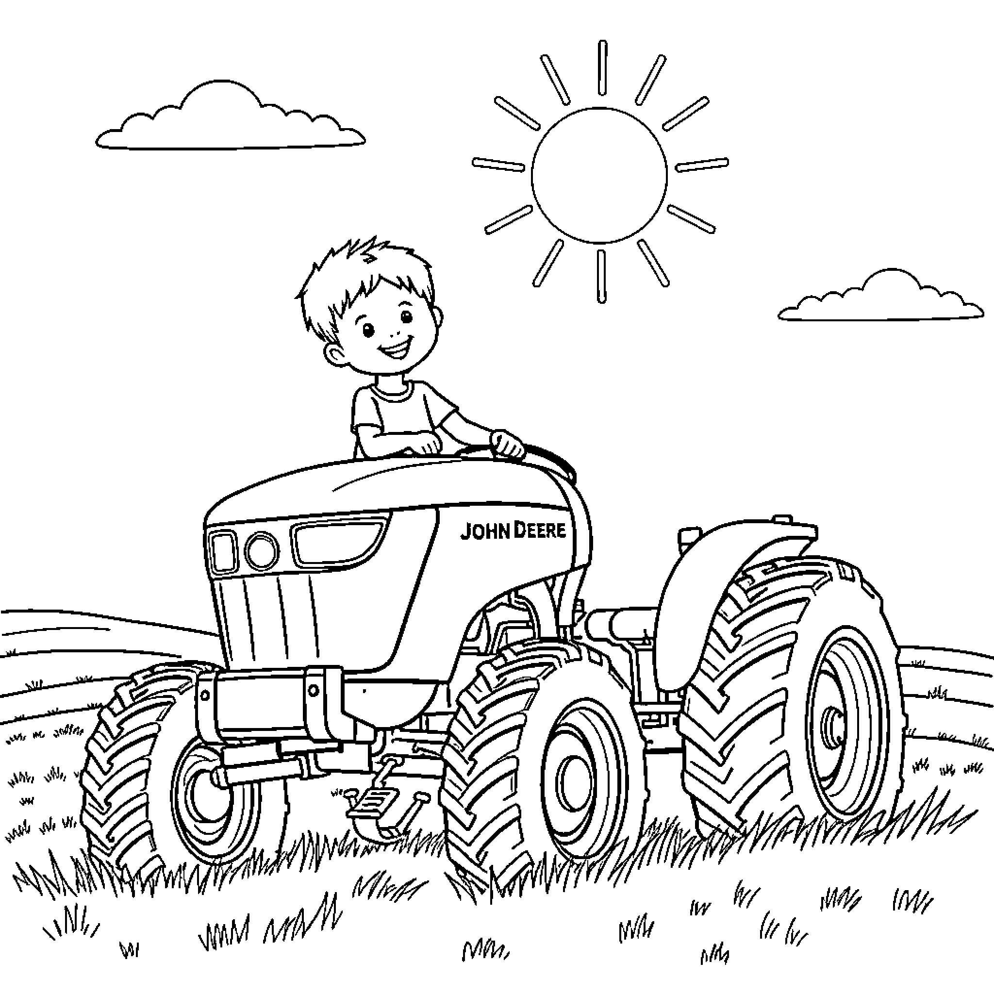 Child operating tractor in the countryside Coloring Page (free black-and-white line drawing printable PDF for all, from beginners to advanced learners, including children, teens, adults, and seniors)