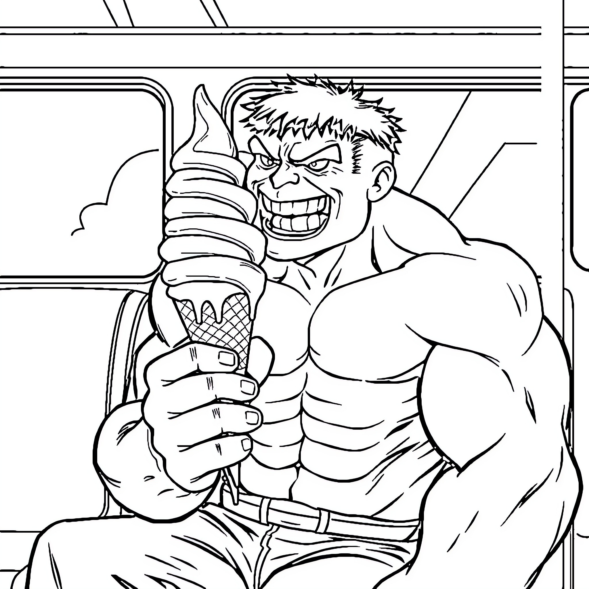 Hulk flexing his muscles with an intense expression Coloring Page (free black-and-white line drawing printable PDF for all, from beginners to advanced learners, including children, teens, adults, and seniors)
