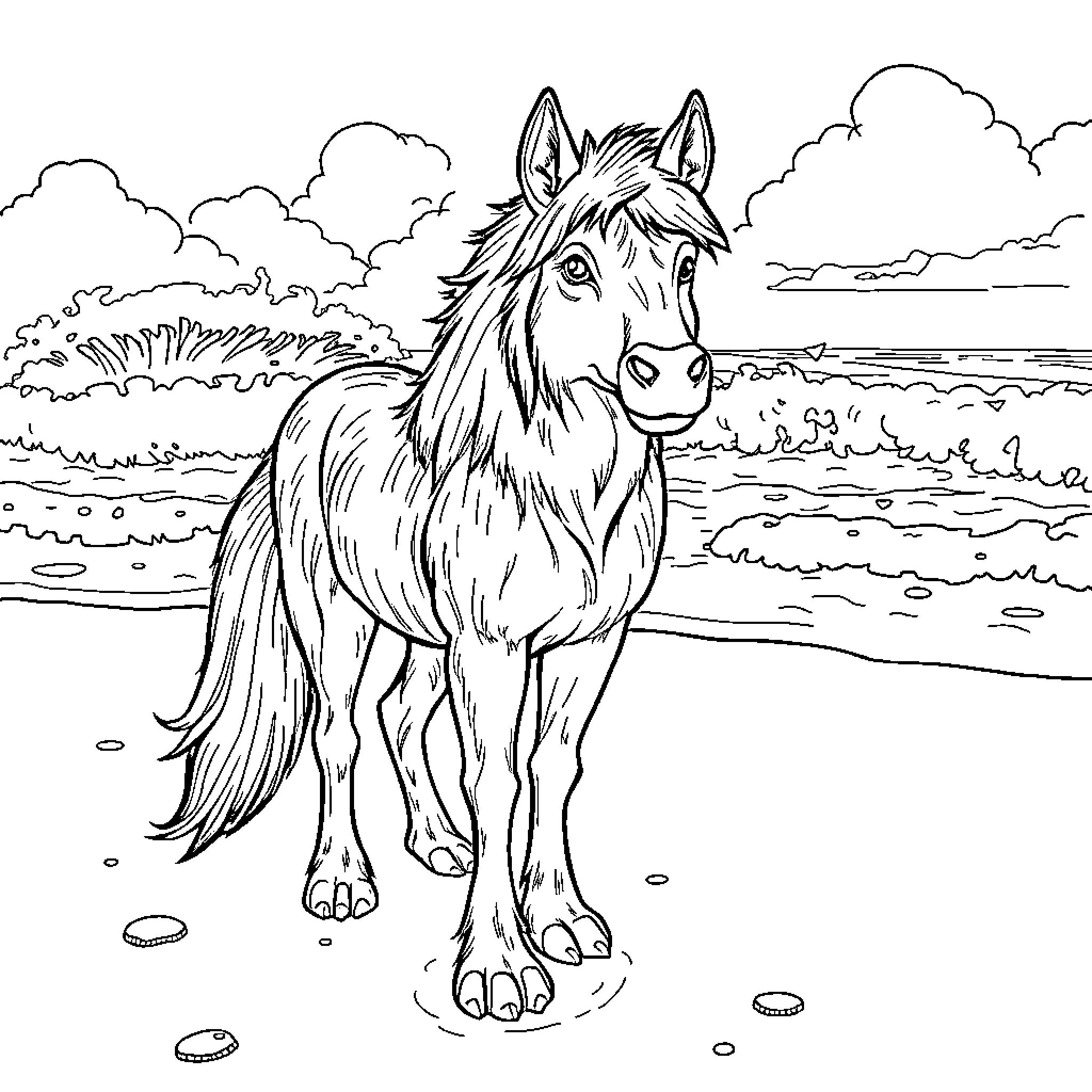 Hunteix Horse standing by the Lakeside Coloring Page (free black-and-white line drawing printable PDF for all, from beginners to advanced learners, including children, teens, adults, and seniors)