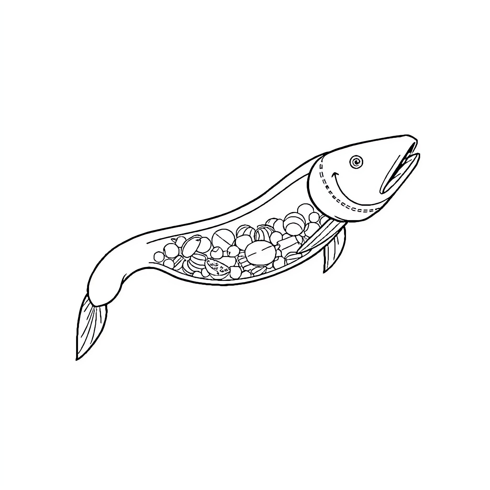 Cow swimming with treasure in ocean Coloring Page (free black-and-white line drawing printable PDF for all, from beginners to advanced learners, including children, teens, adults, and seniors)