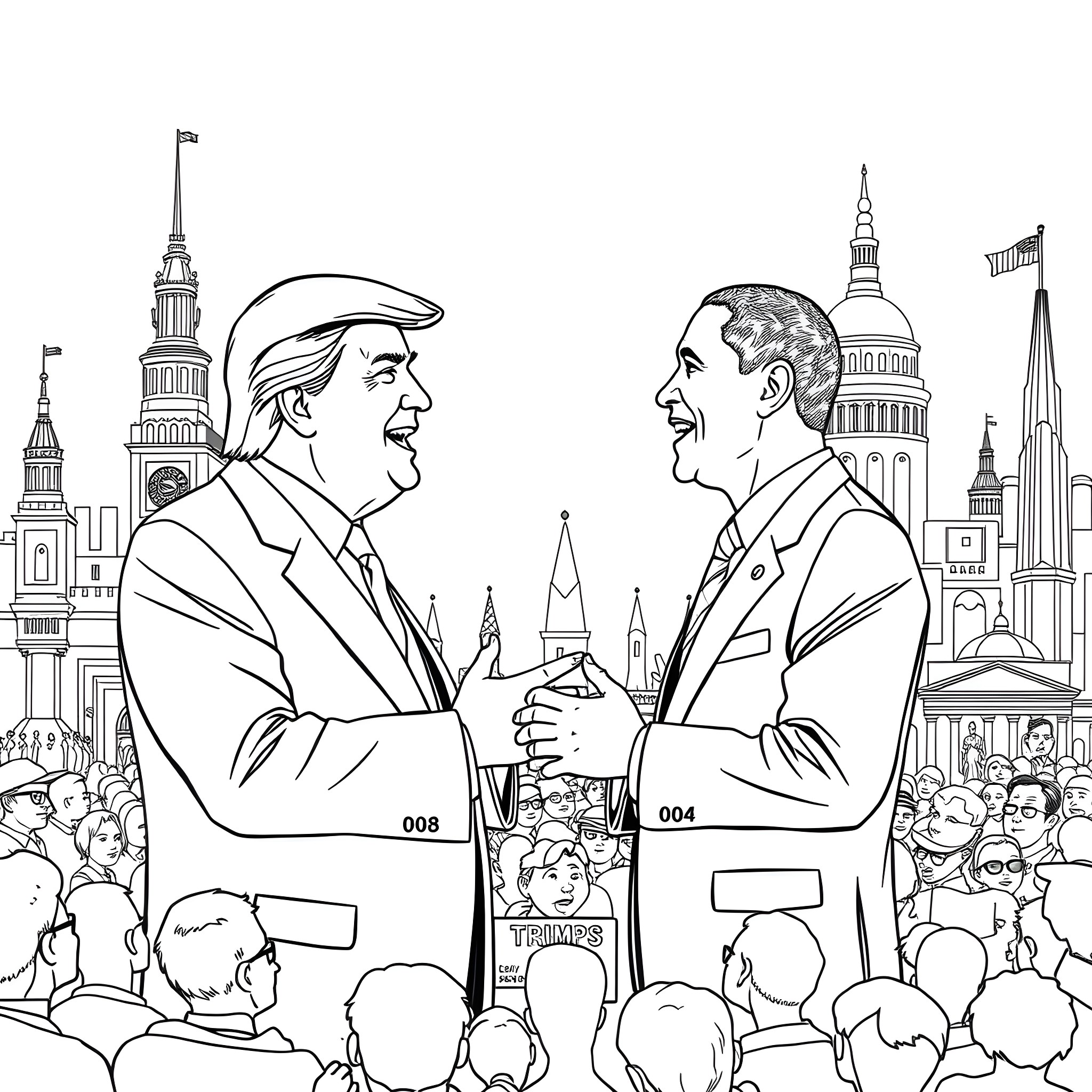 Trump shaking hands with a political rival in front of the Capitol building Coloring Page (free black-and-white line drawing printable PDF for all, from beginners to advanced learners, including children, teens, adults, and seniors)