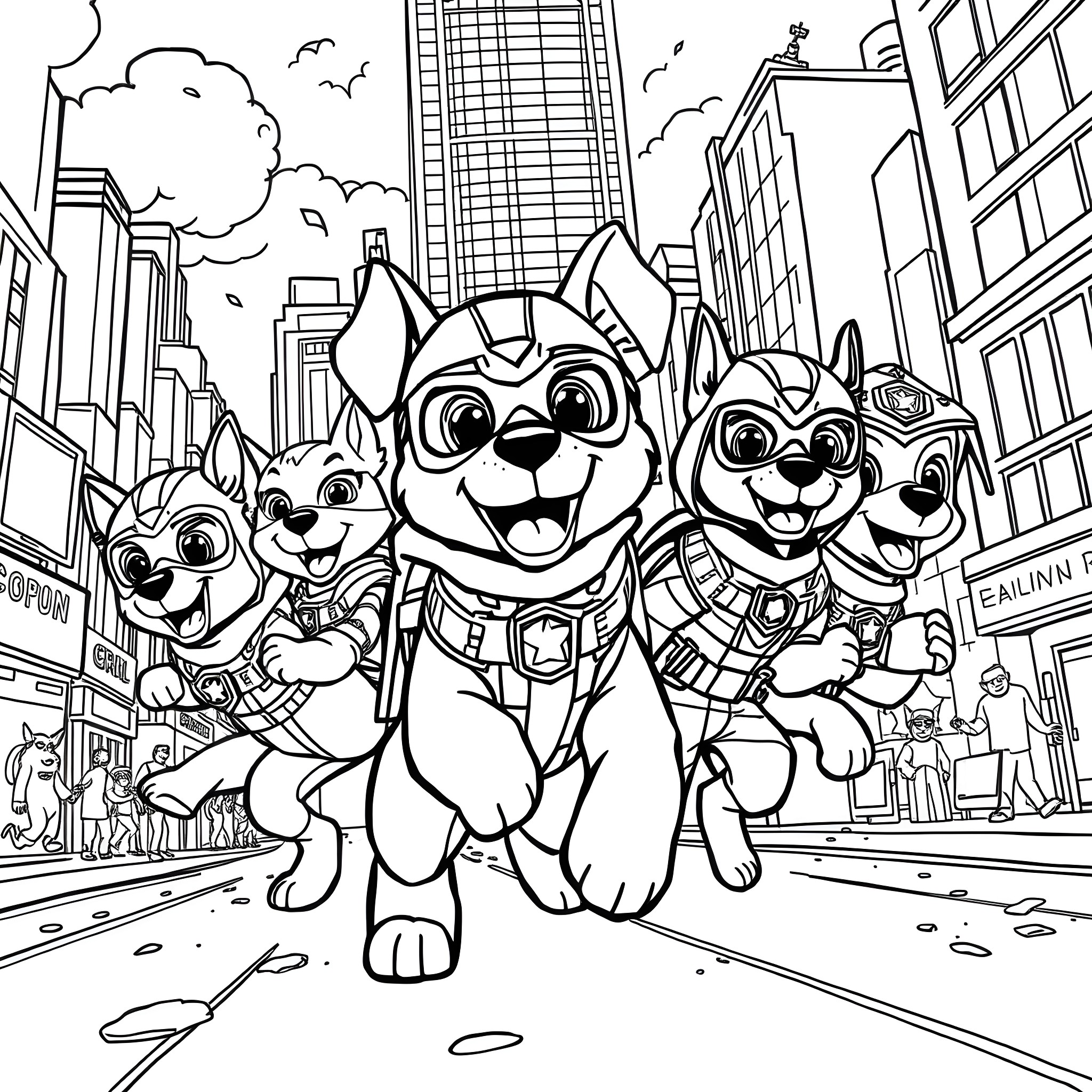 Pup Patrol Pups Exploring the City Coloring Page (free black-and-white line drawing printable PDF for all, from beginners to advanced learners, including children, teens, adults, and seniors)