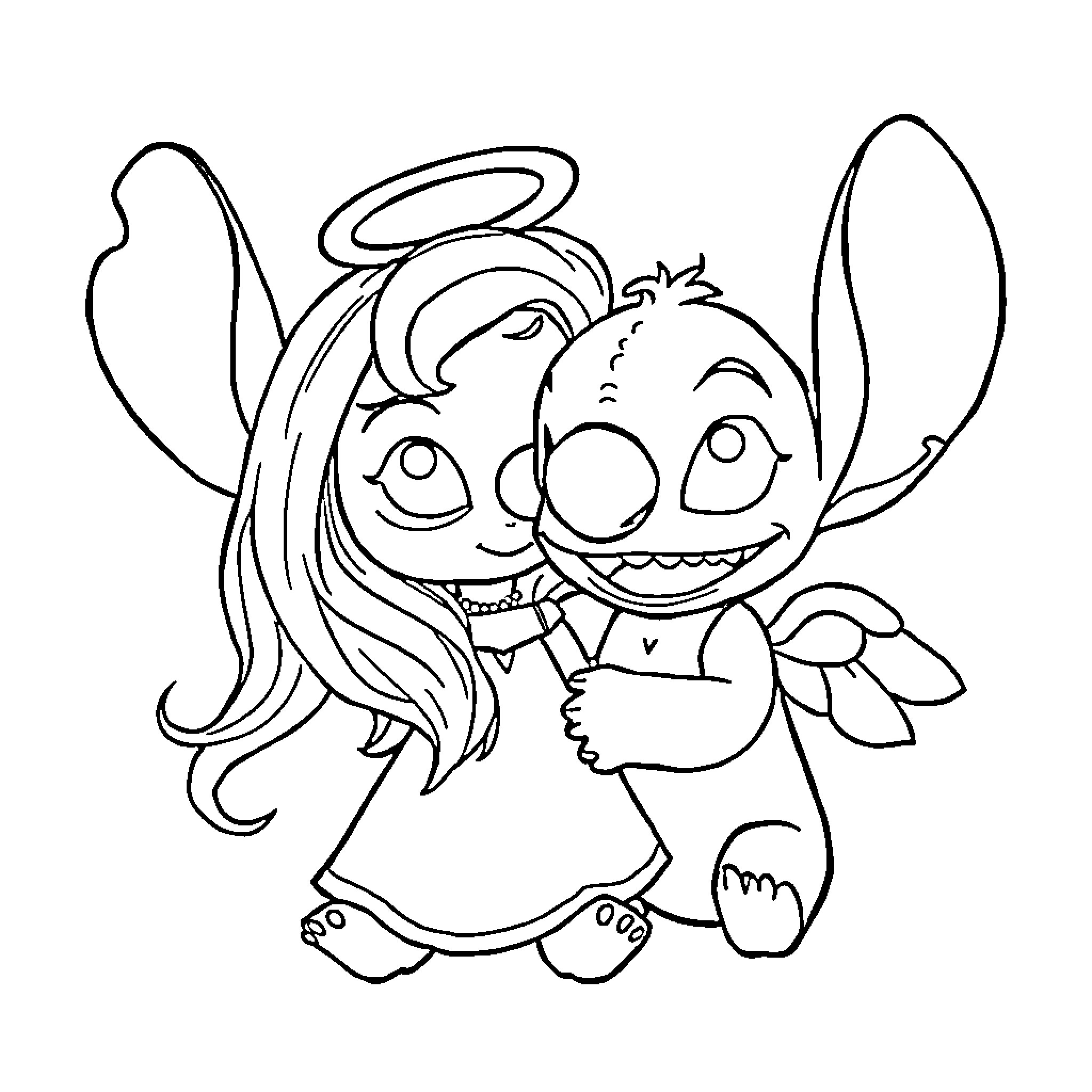 Angel Stitch in Mischievous Pose Coloring Page (free black-and-white line drawing printable PDF for all, from beginners to advanced learners, including children, teens, adults, and seniors)