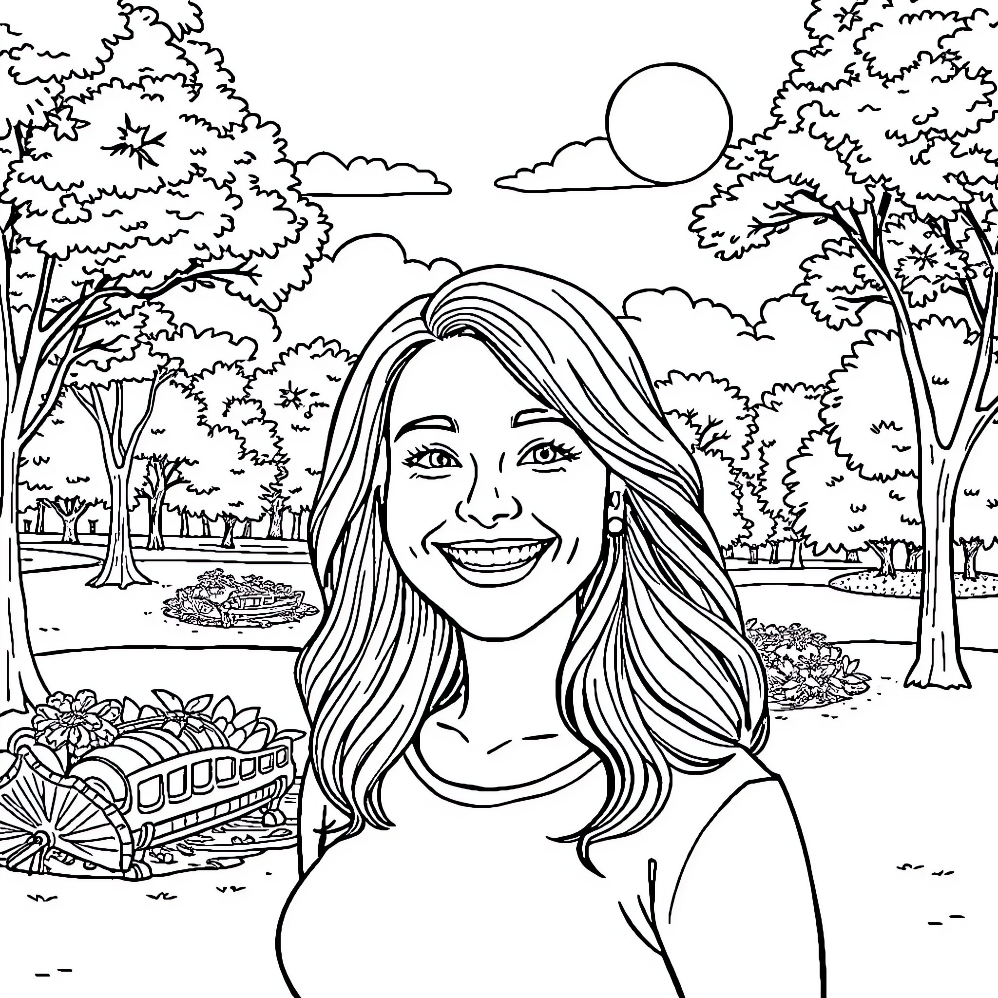 Kara Terry enjoying a scenic outdoor environment Coloring Page (free black-and-white line drawing printable PDF for all, from beginners to advanced learners, including children, teens, adults, and seniors)