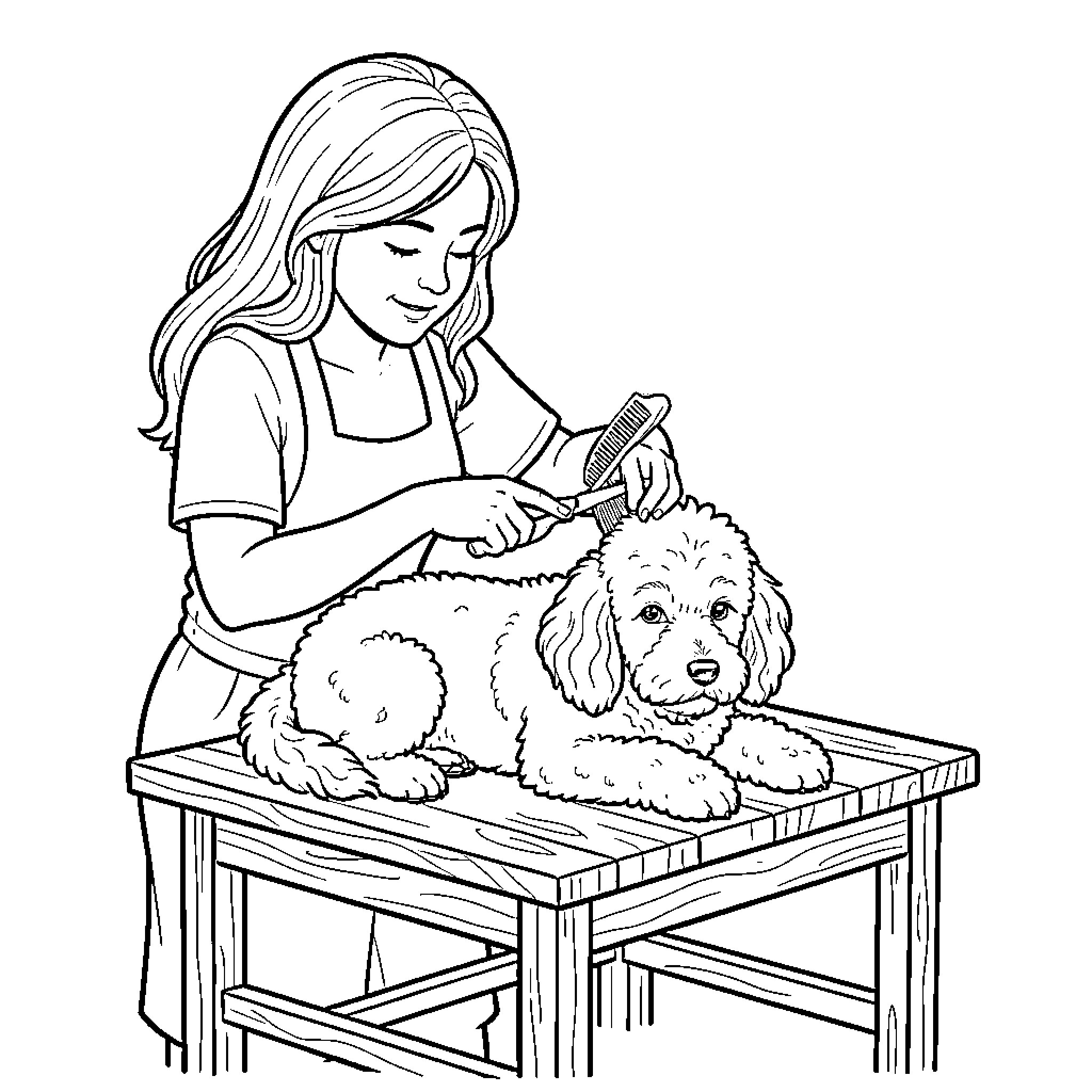 Poodle getting groomed by owner Coloring Page (free black-and-white line drawing printable PDF for all, from beginners to advanced learners, including children, teens, adults, and seniors)
